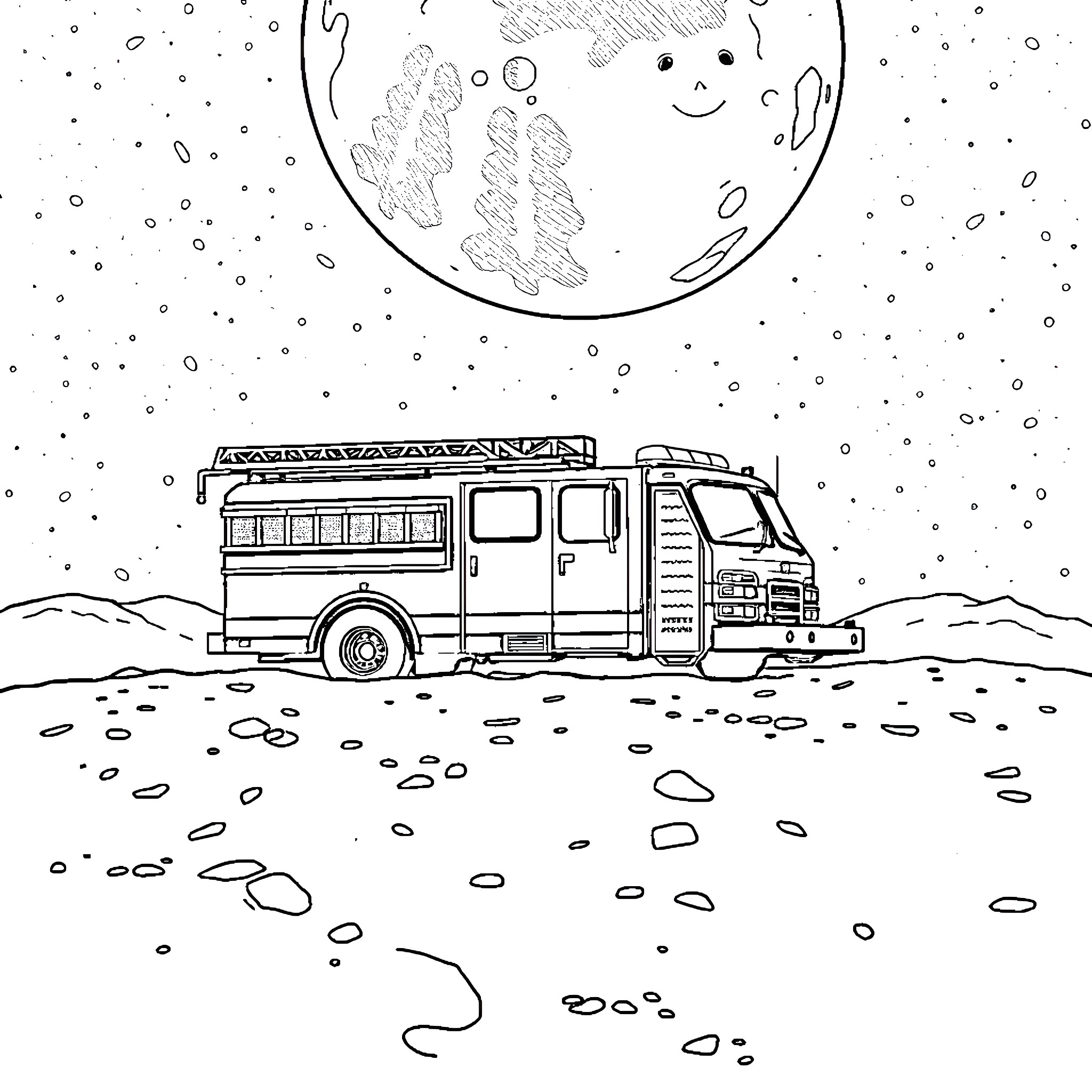 Fire Engine Navigating Through Snowy Landscape Coloring Page (free black-and-white line drawing printable PDF for all, from beginners to advanced learners, including children, teens, adults, and seniors)