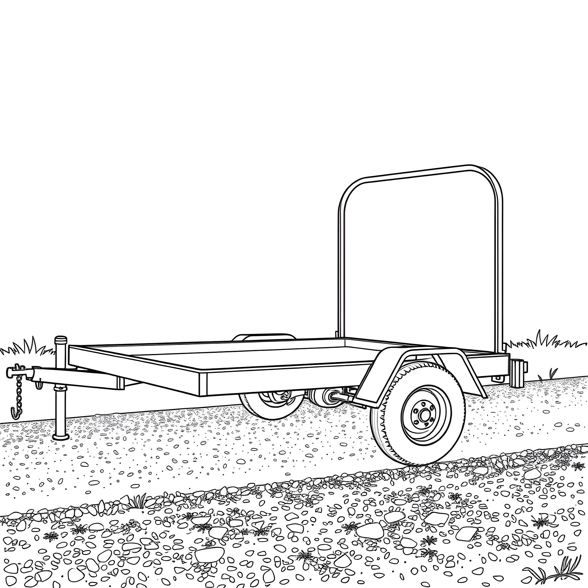 Car Trailer on a Grassy Field Coloring Page (free black-and-white line drawing printable PDF for all, from beginners to advanced learners, including children, teens, adults, and seniors)