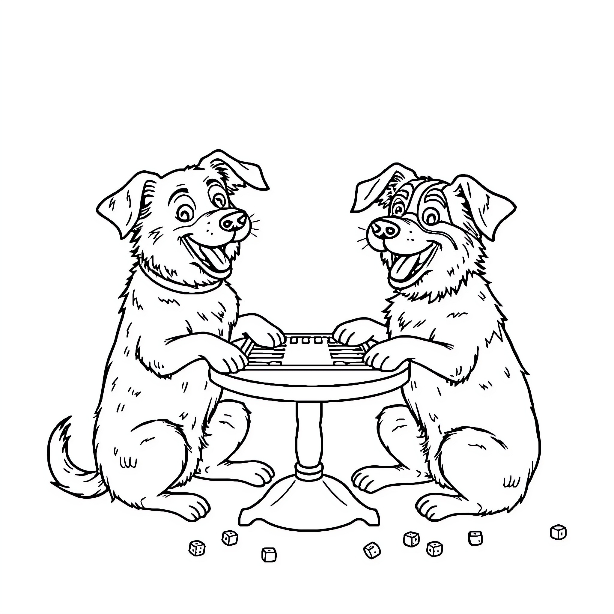 Dog friends playing board game together Coloring Page (free black-and-white line drawing printable PDF for all, from beginners to advanced learners, including children, teens, adults, and seniors)