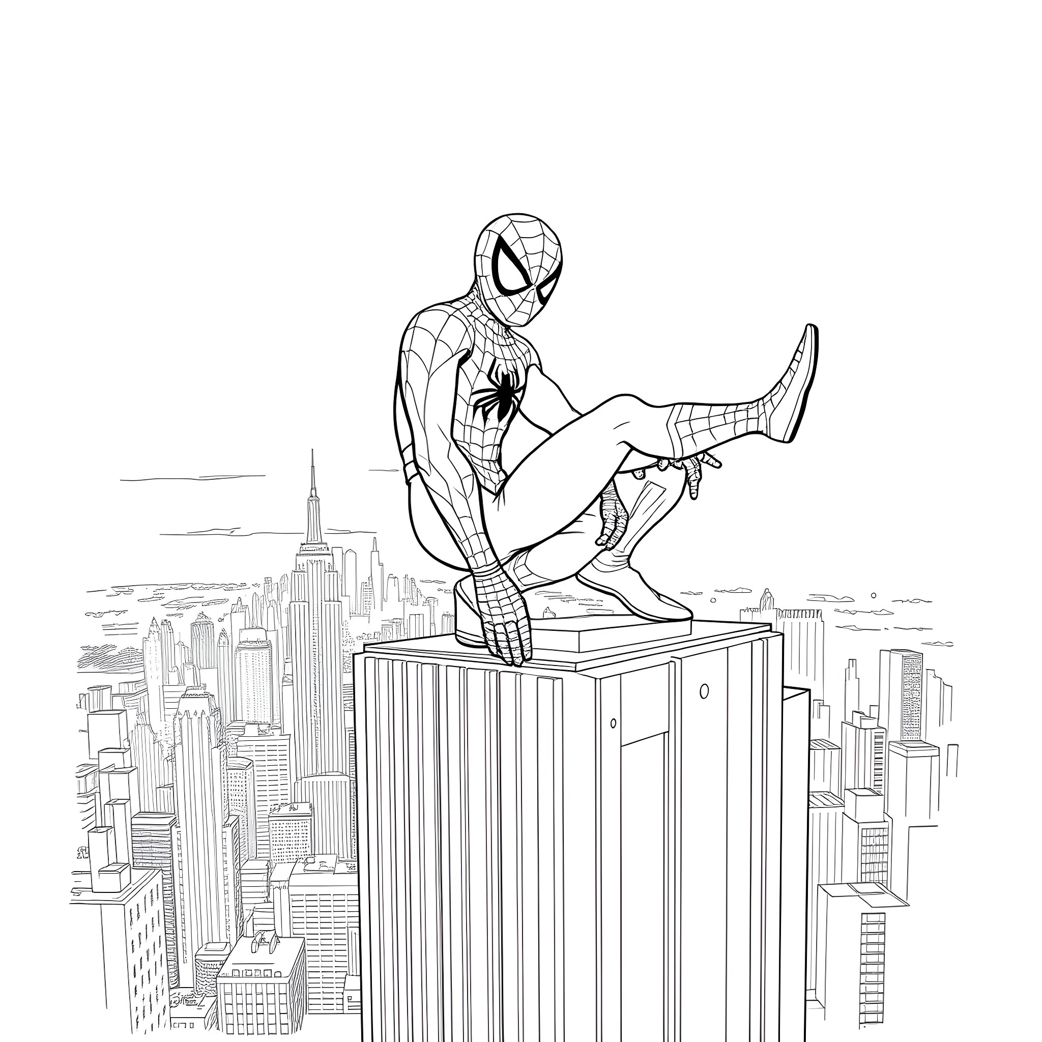 Spider-Man scaling skyscrapers in the city Coloring Page (free black-and-white line drawing printable PDF for all, from beginners to advanced learners, including children, teens, adults, and seniors)