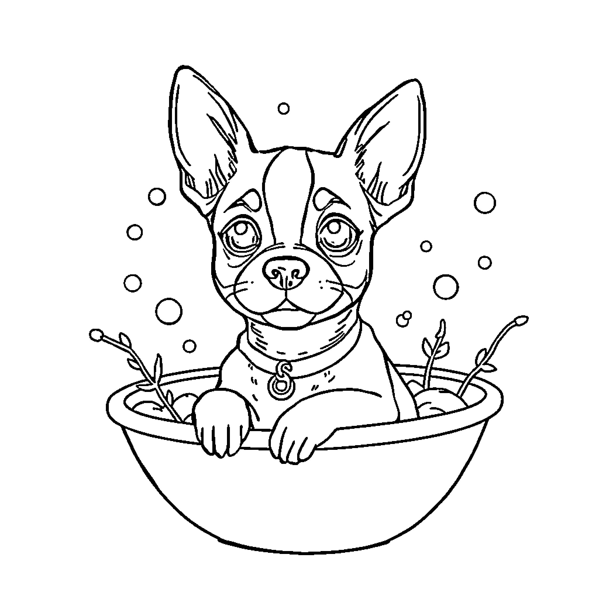 Perro enjoying a relaxing bath Coloring Page (free black-and-white line drawing printable PDF for all, from beginners to advanced learners, including children, teens, adults, and seniors)