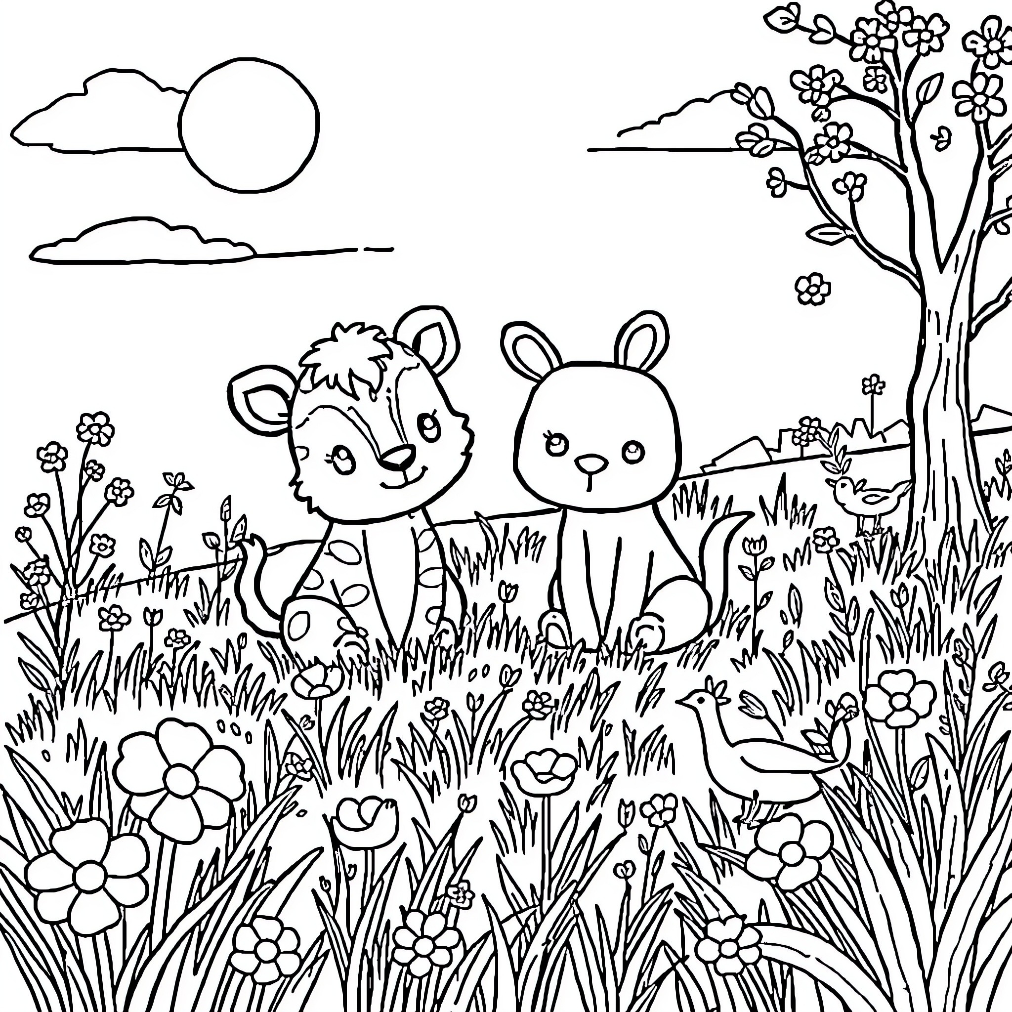 Animal friends in a flowery meadow Coloring Page (free black-and-white line drawing printable PDF for all, from beginners to advanced learners, including children, teens, adults, and seniors)