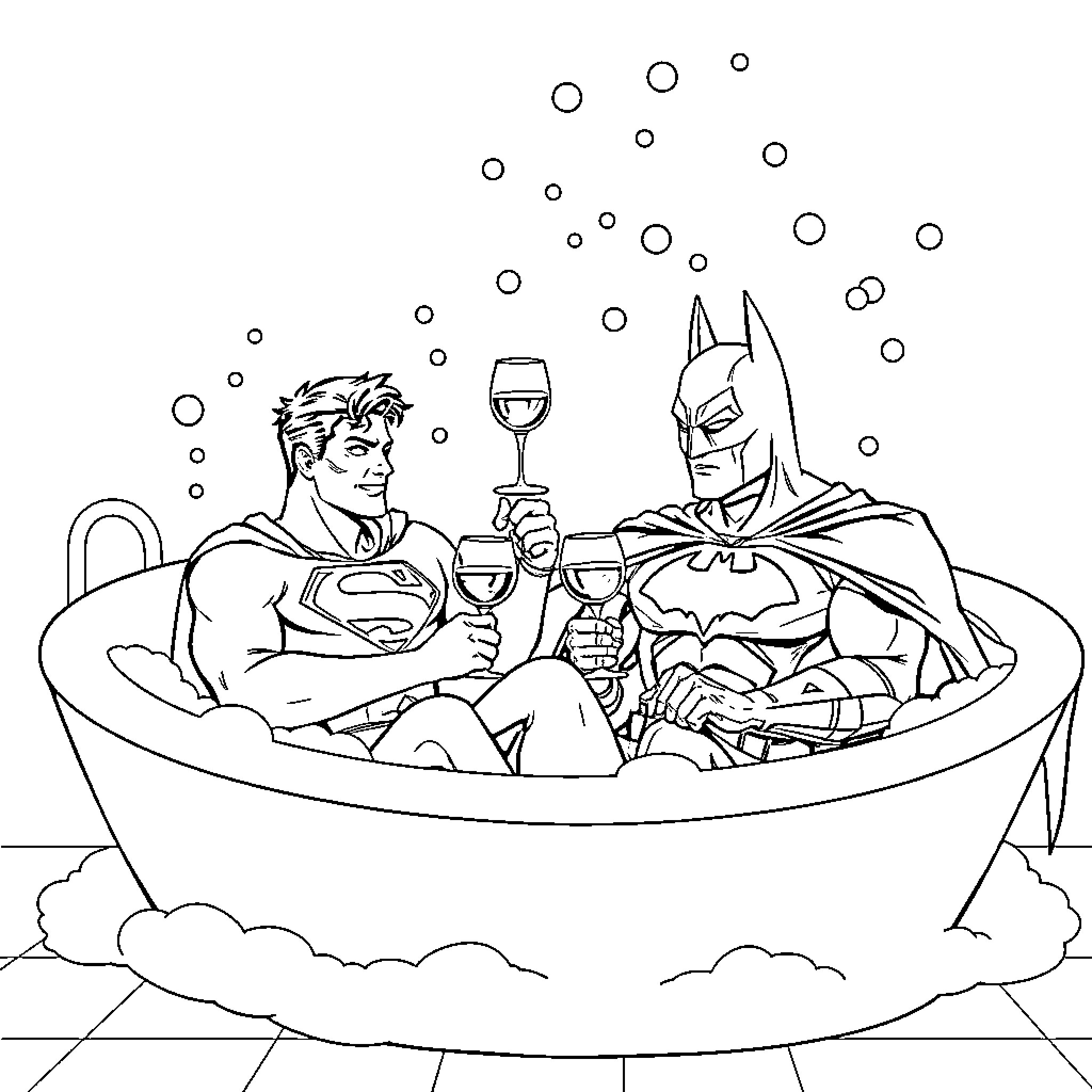 Superman and Batman enjoying a relaxing bath together Coloring Page (free black-and-white line drawing printable PDF for all, from beginners to advanced learners, including children, teens, adults, and seniors)