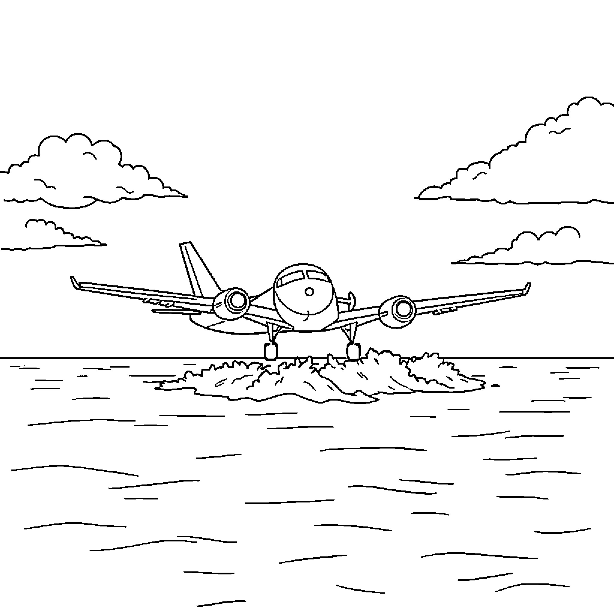 Airplane taking off from the runway Coloring Page (free black-and-white line drawing printable PDF for all, from beginners to advanced learners, including children, teens, adults, and seniors)