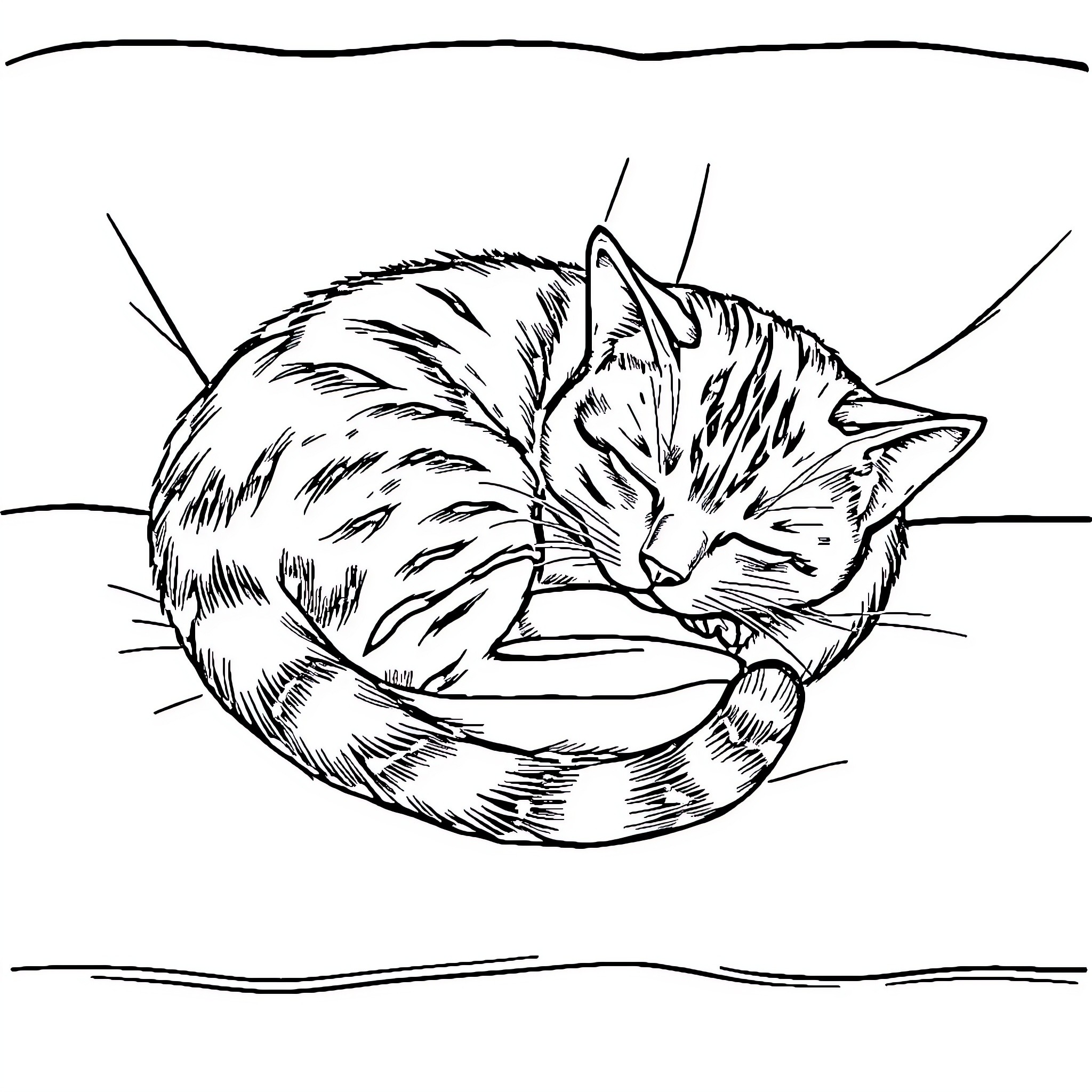 Cat curled up napping in a cozy spot Coloring Page (free black-and-white line drawing printable PDF for all, from beginners to advanced learners, including children, teens, adults, and seniors)
