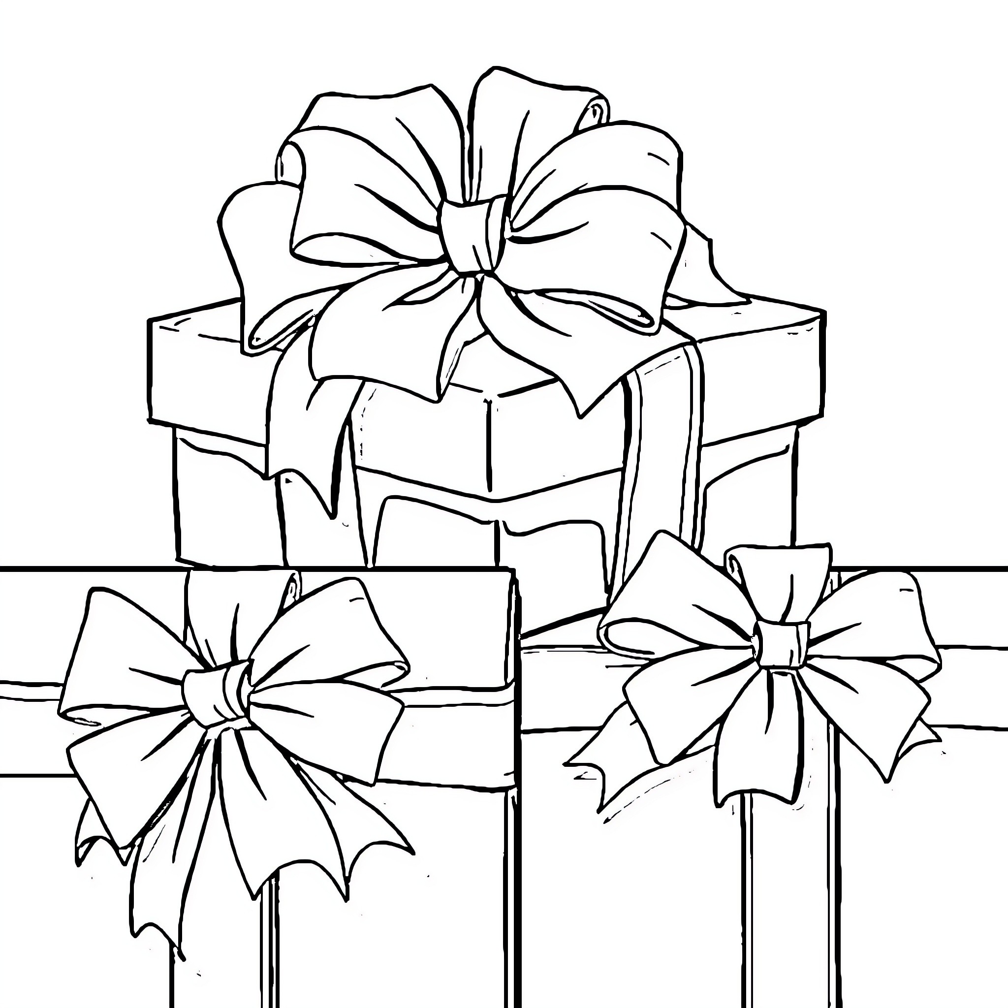 Bow-Wrapped Gifts on Wooden Background Coloring Page (free black-and-white line drawing printable PDF for all, from beginners to advanced learners, including children, teens, adults, and seniors)