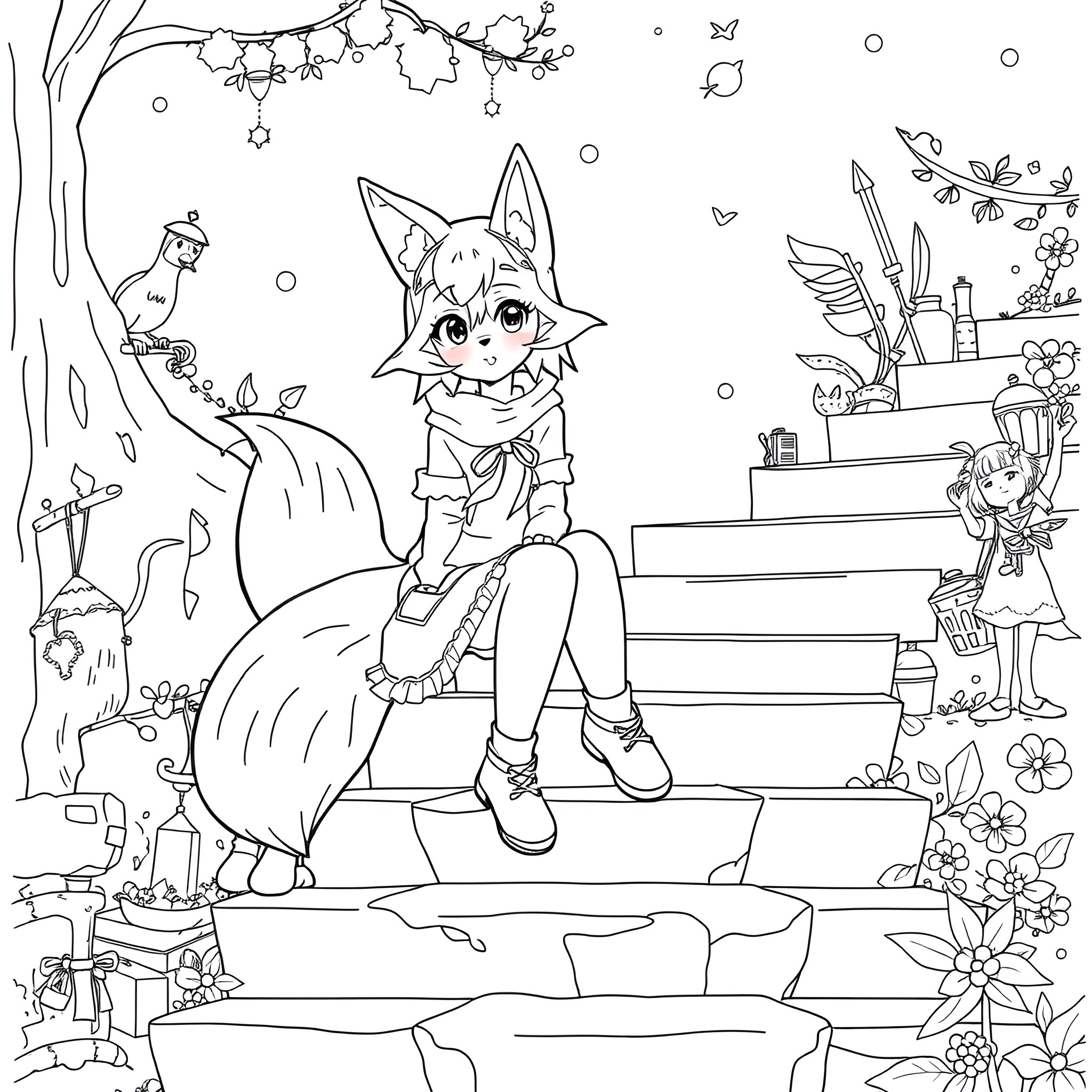 Girl exploring magical fantasy forest scene Coloring Page (free black-and-white line drawing printable PDF for all, from beginners to advanced learners, including children, teens, adults, and seniors)