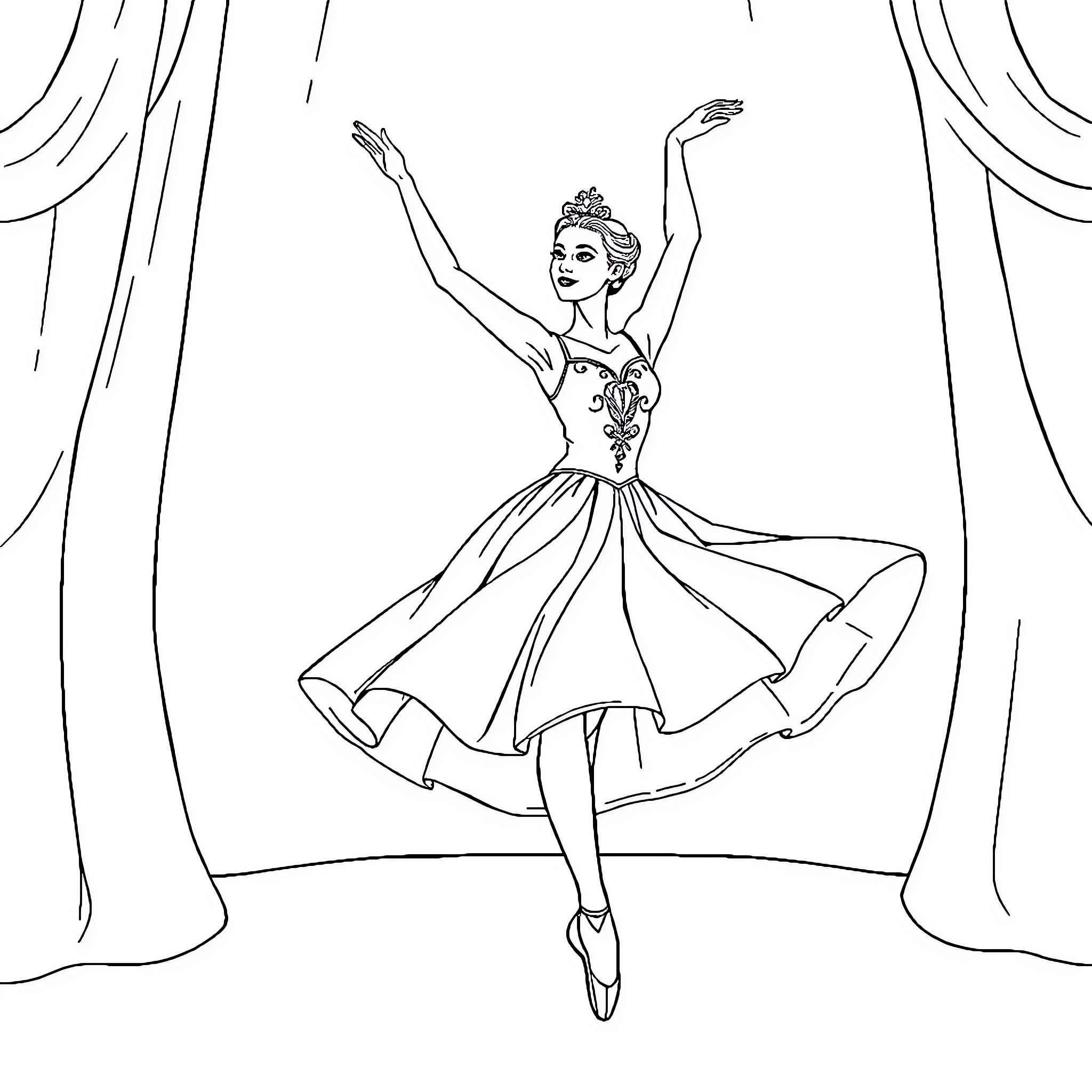 Ballerina performing graceful dance on stage Coloring Page (free black-and-white line drawing printable PDF for all, from beginners to advanced learners, including children, teens, adults, and seniors)