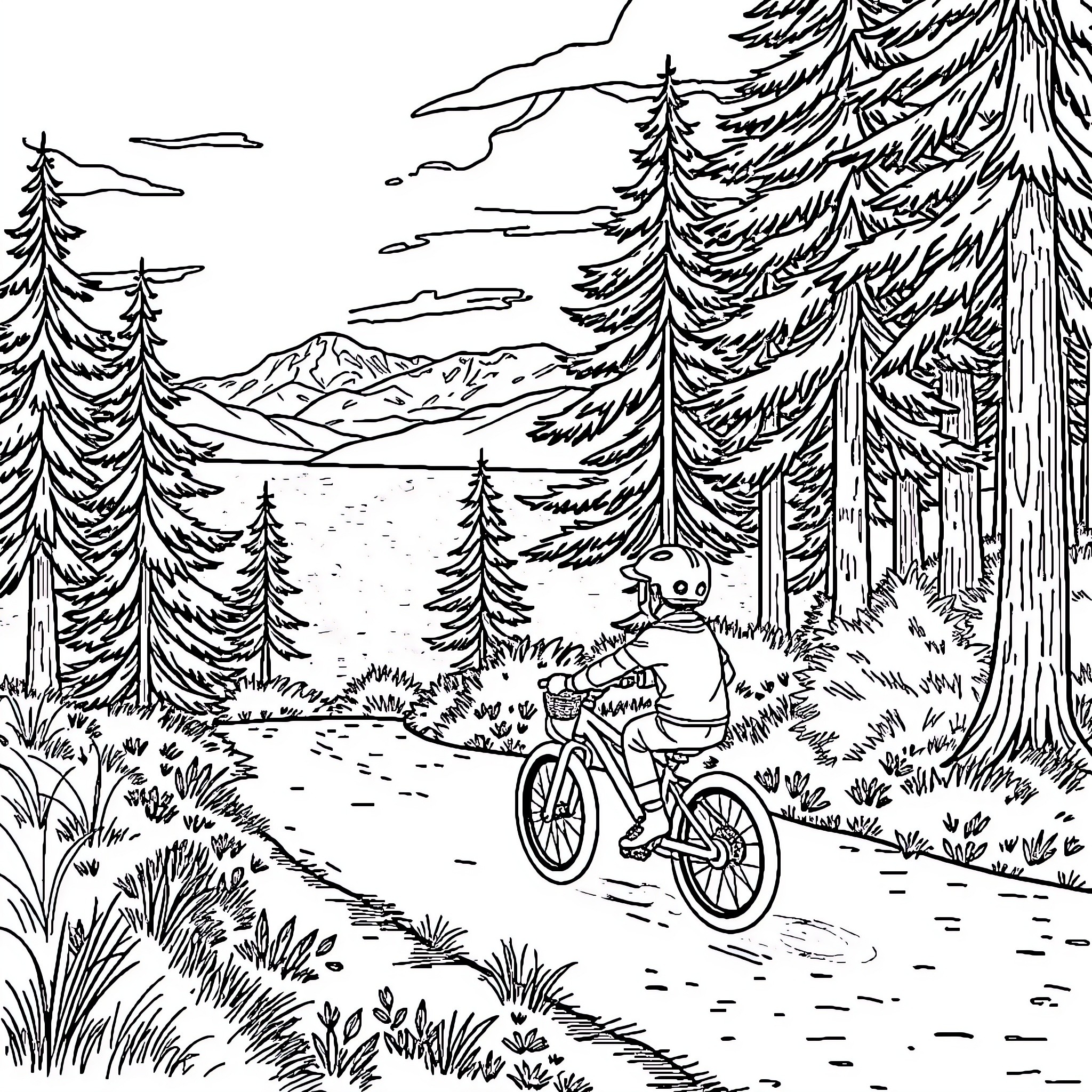 Boy biking through the scenic forest Coloring Page (free black-and-white line drawing printable PDF for all, from beginners to advanced learners, including children, teens, adults, and seniors)