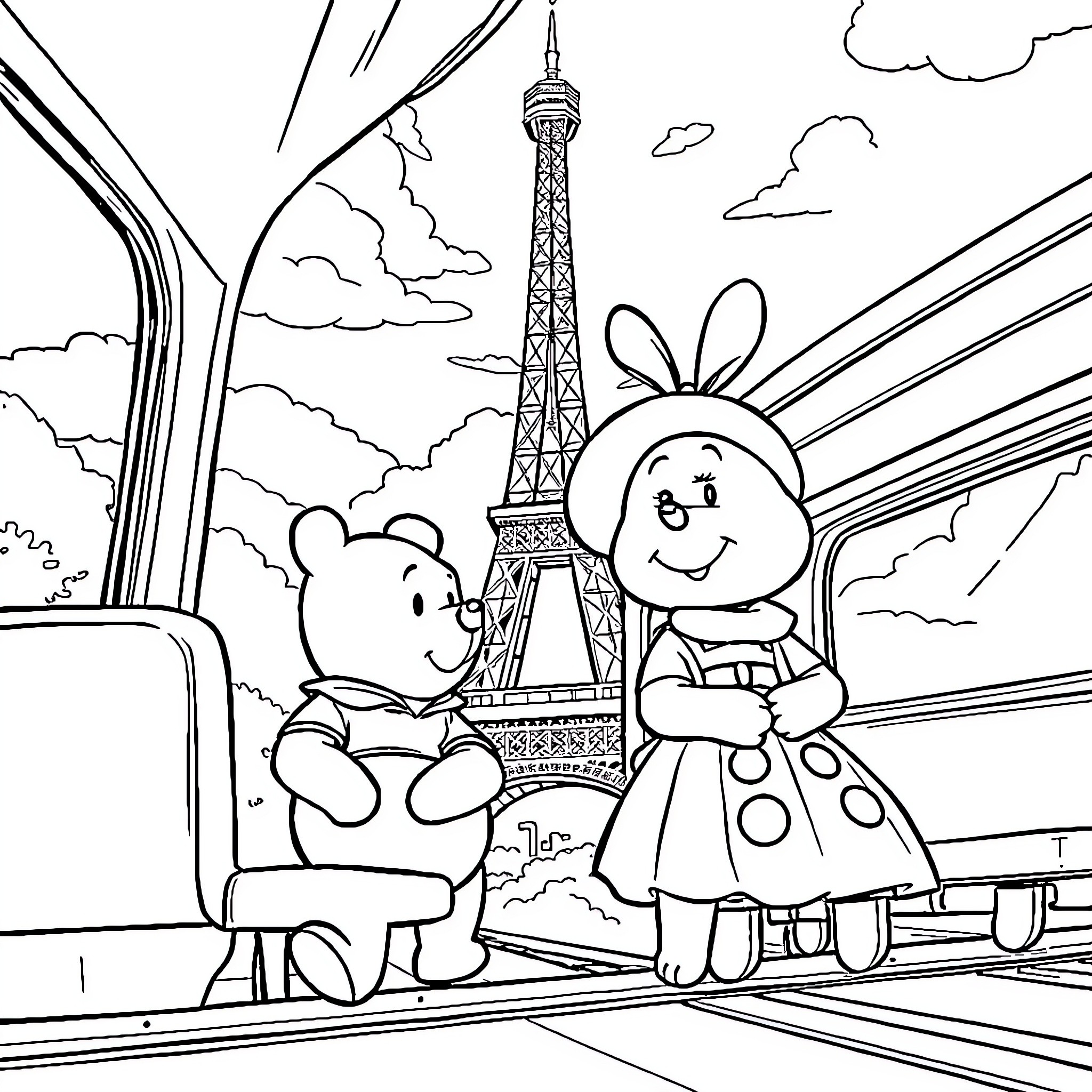 Winnie and friends explore the Eiffel Tower Coloring Page (free black-and-white line drawing printable PDF for all, from beginners to advanced learners, including children, teens, adults, and seniors)