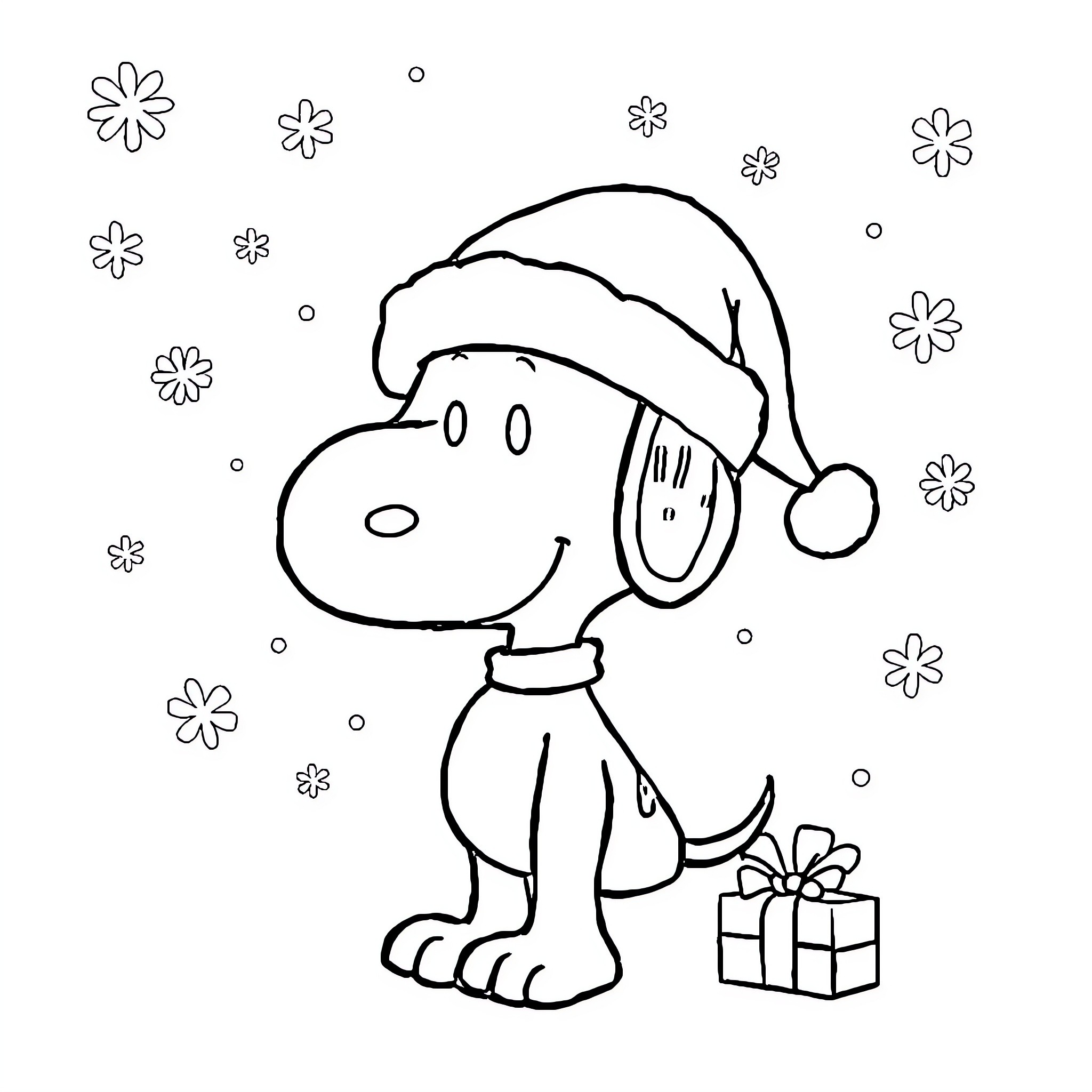 Snoopy enjoying a festive winter scene Coloring Page (free black-and-white line drawing printable PDF for all, from beginners to advanced learners, including children, teens, adults, and seniors)