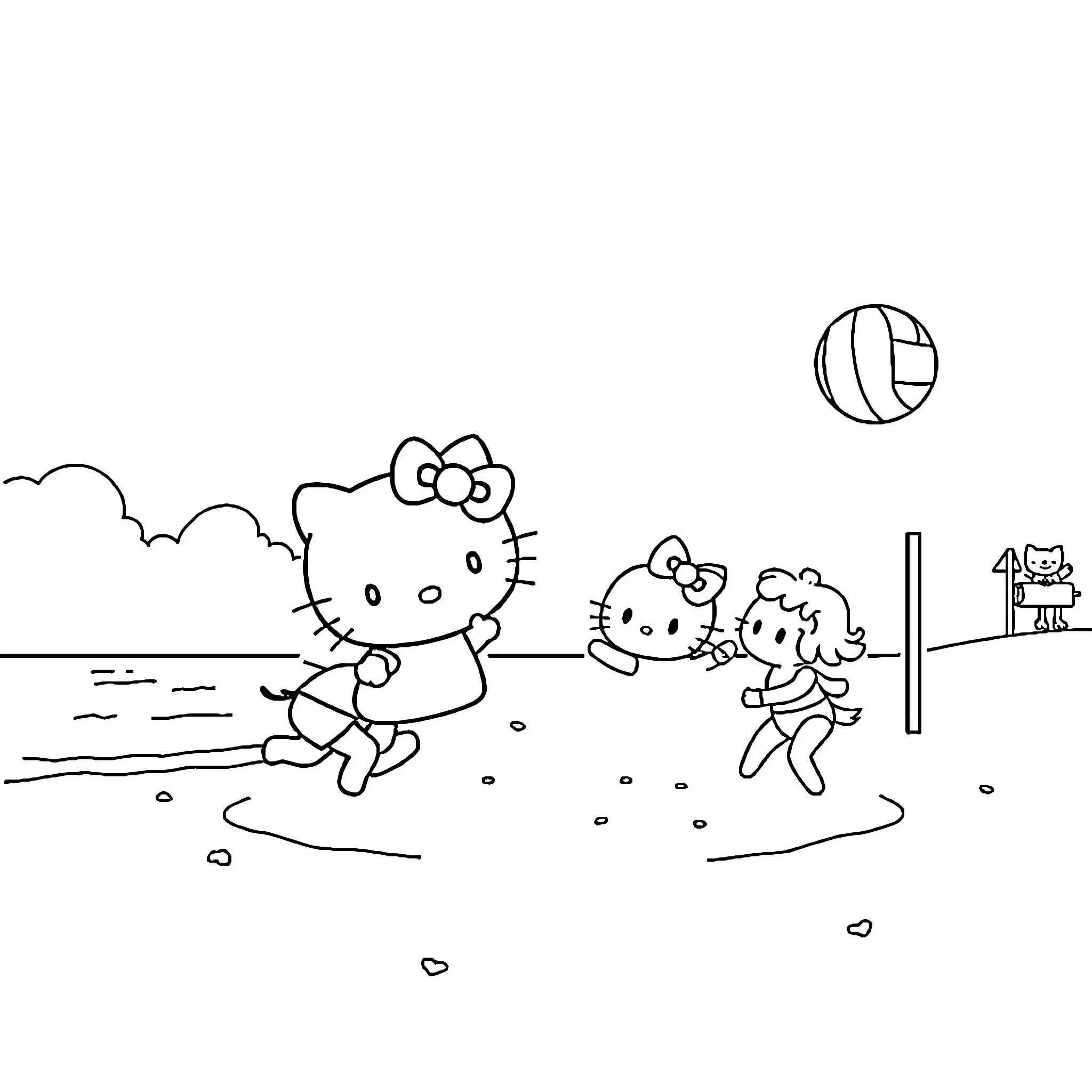 Hello Kitty playing outdoors with family Coloring Page (free black-and-white line drawing printable PDF for all, from beginners to advanced learners, including children, teens, adults, and seniors)