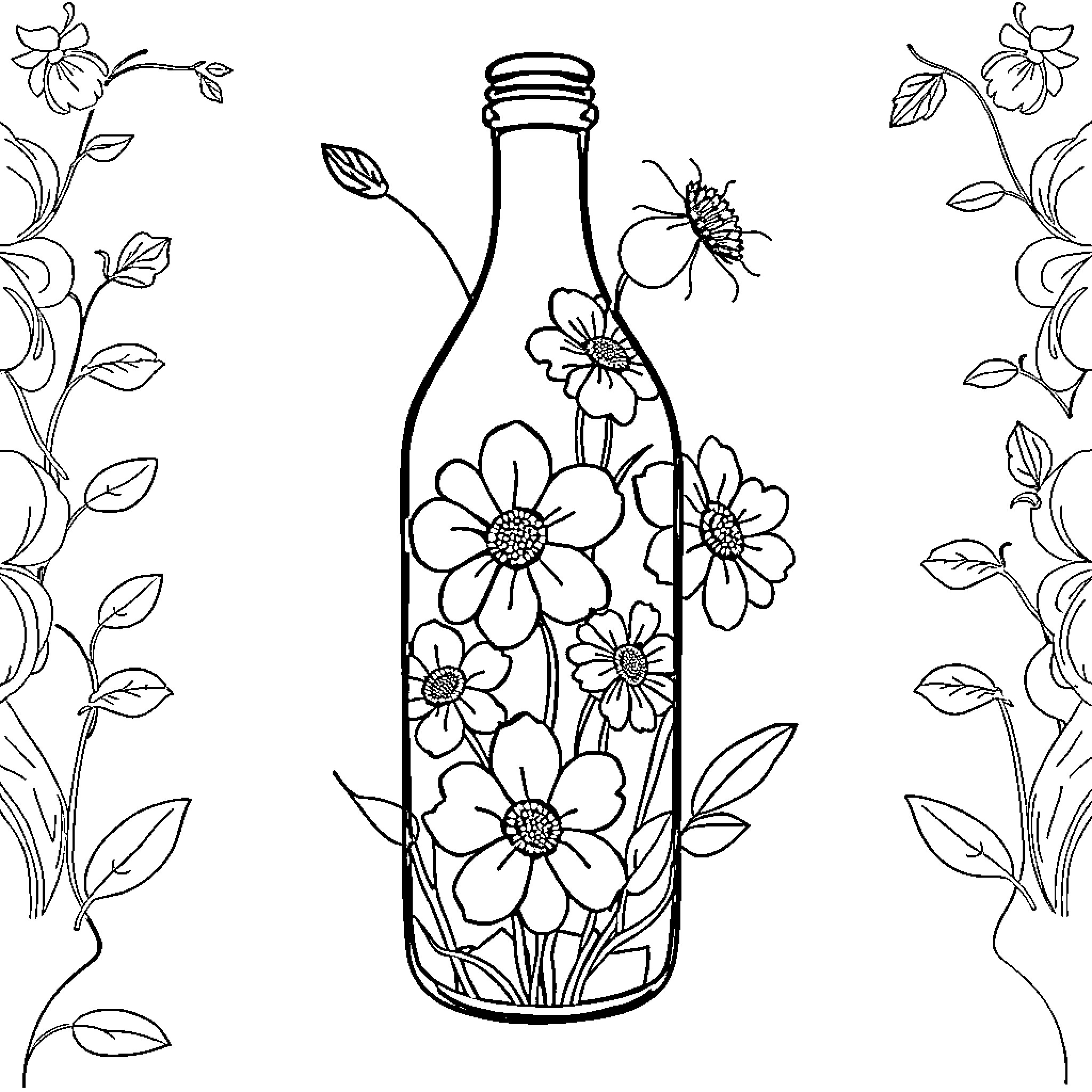 Flower Bottle with Blooming Floral Design Coloring Page (free black-and-white line drawing printable PDF for all, from beginners to advanced learners, including children, teens, adults, and seniors)