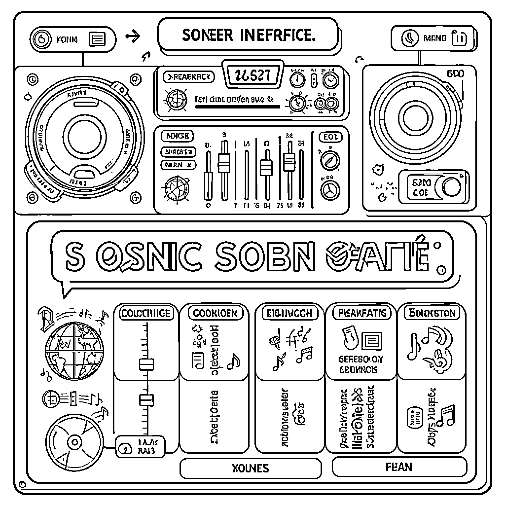 Sonic UI depicting a complex vintage audio control panel Coloring Page (free black-and-white line drawing printable PDF for all, from beginners to advanced learners, including children, teens, adults, and seniors)