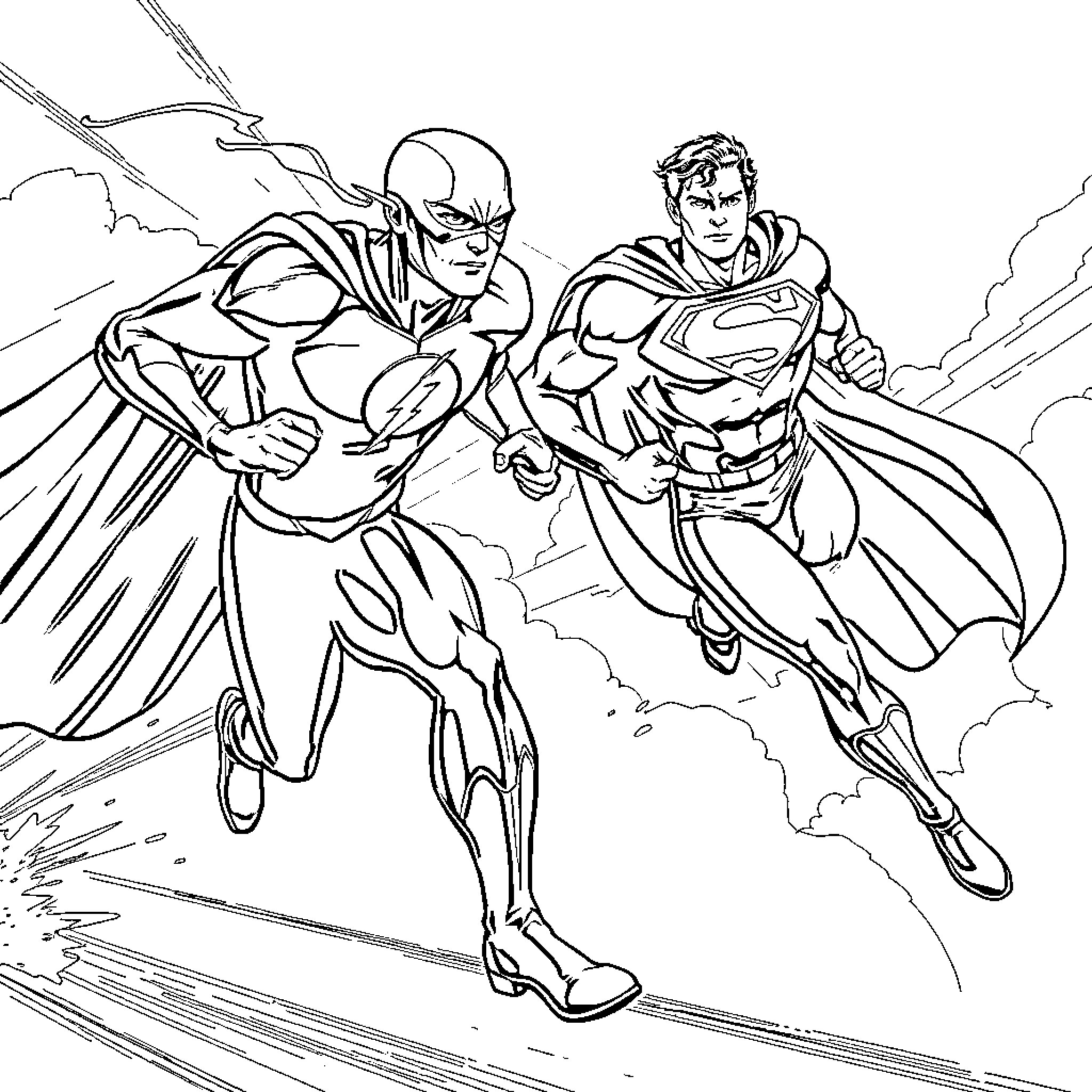 Flash and Superman Team Up for Action Coloring Page (free black-and-white line drawing printable PDF for all, from beginners to advanced learners, including children, teens, adults, and seniors)