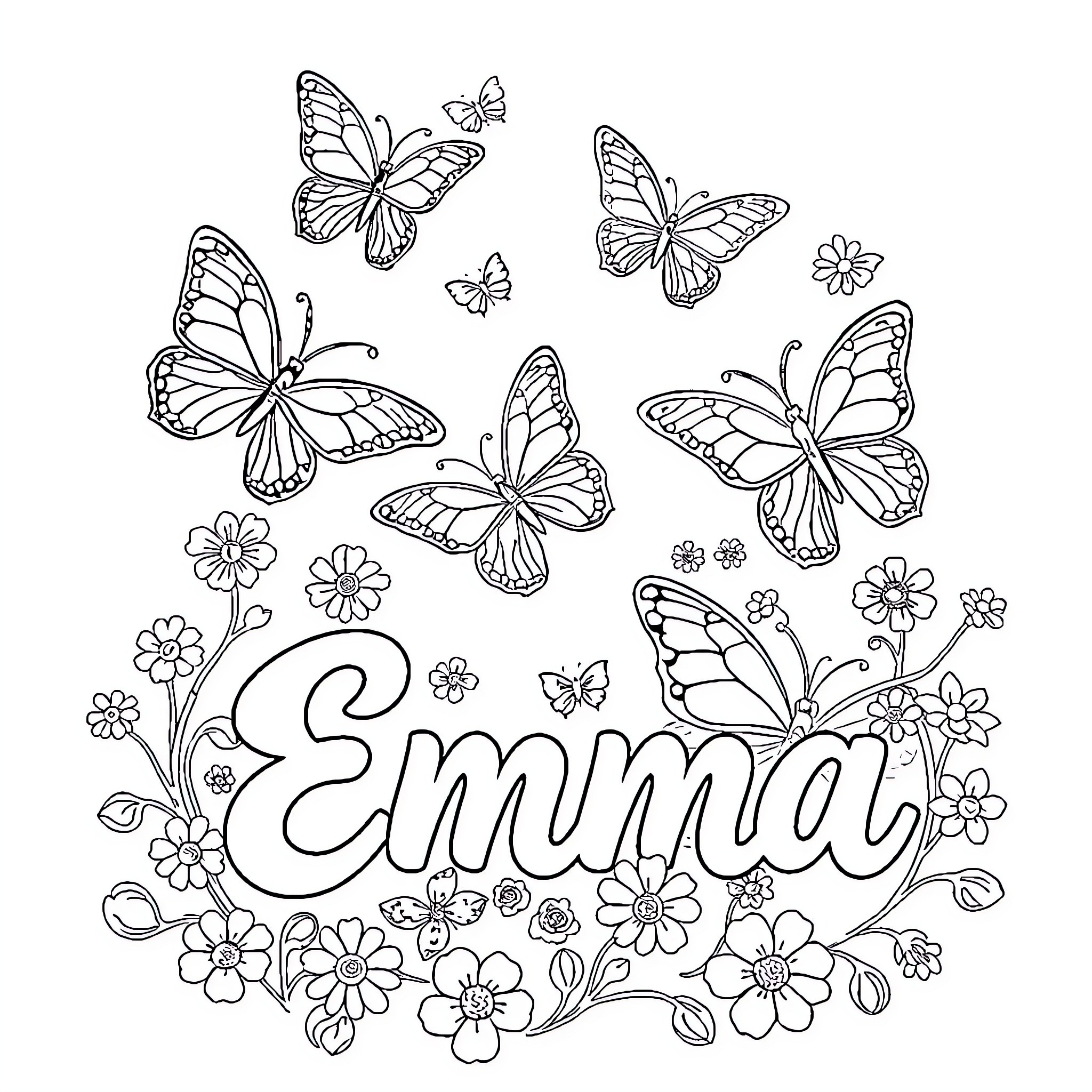 Butterfly Themed Coloring Page with Floral Motifs Coloring Page (free black-and-white line drawing printable PDF for all, from beginners to advanced learners, including children, teens, adults, and seniors)