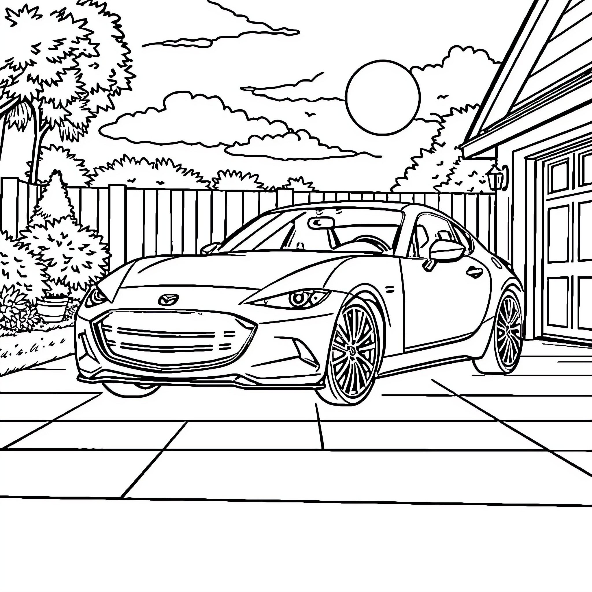 Mazda sports car in a scenic outdoor setting Coloring Page (free black-and-white line drawing printable PDF for all, from beginners to advanced learners, including children, teens, adults, and seniors)