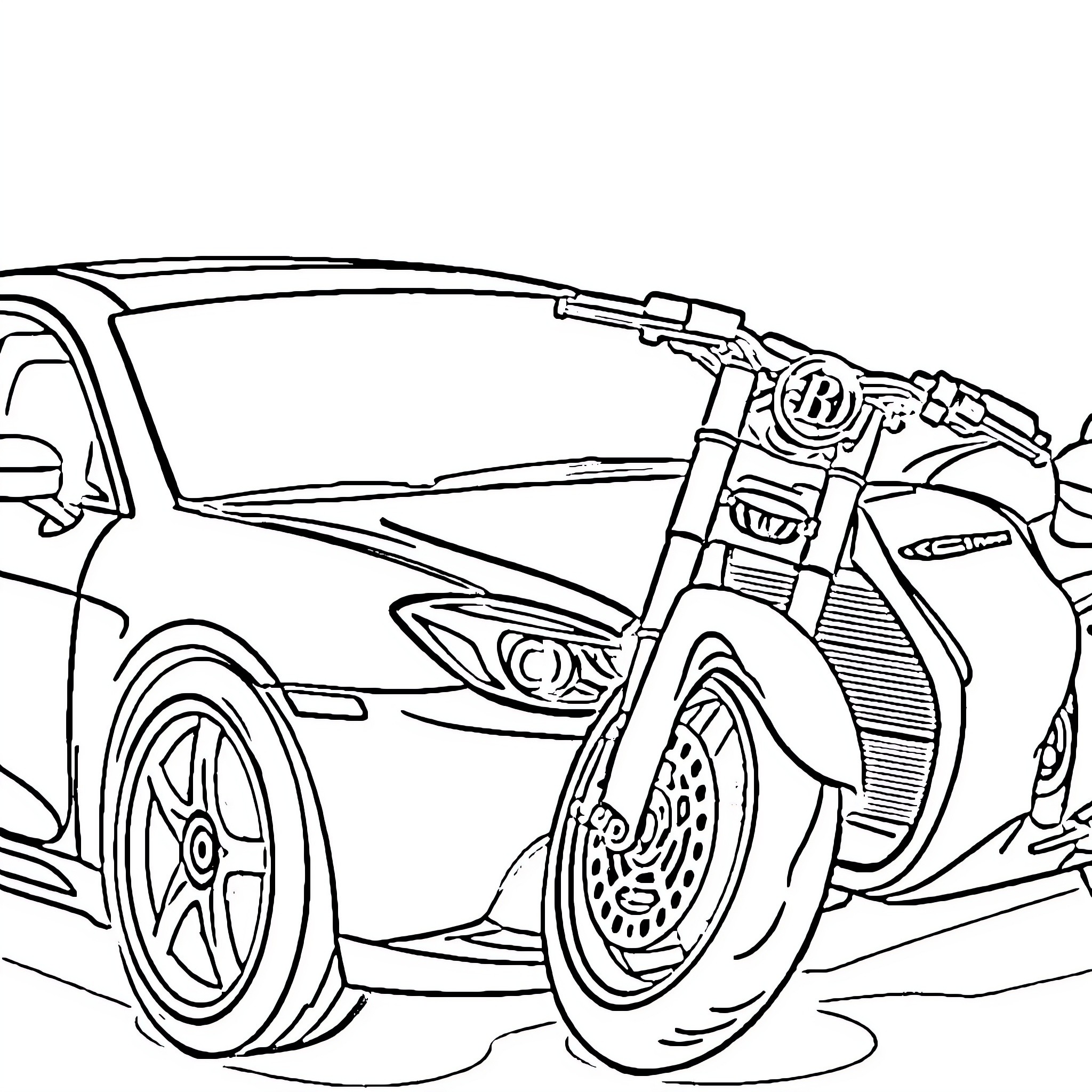 Car Parked with a Motorcycle Nearby Coloring Page (free black-and-white line drawing printable PDF for all, from beginners to advanced learners, including children, teens, adults, and seniors)