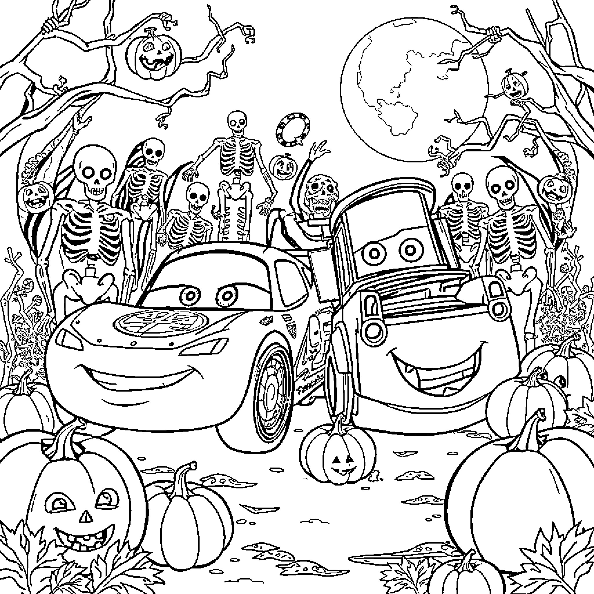 McQueen's Spooky Halloween Adventure Coloring Page (free black-and-white line drawing printable PDF for all, from beginners to advanced learners, including children, teens, adults, and seniors)