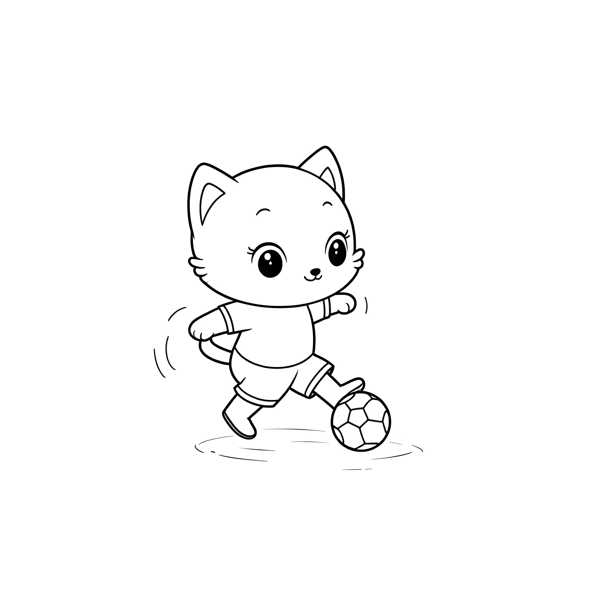 Kitten playing soccer joyfully Coloring Page (free black-and-white line drawing printable PDF for all, from beginners to advanced learners, including children, teens, adults, and seniors)