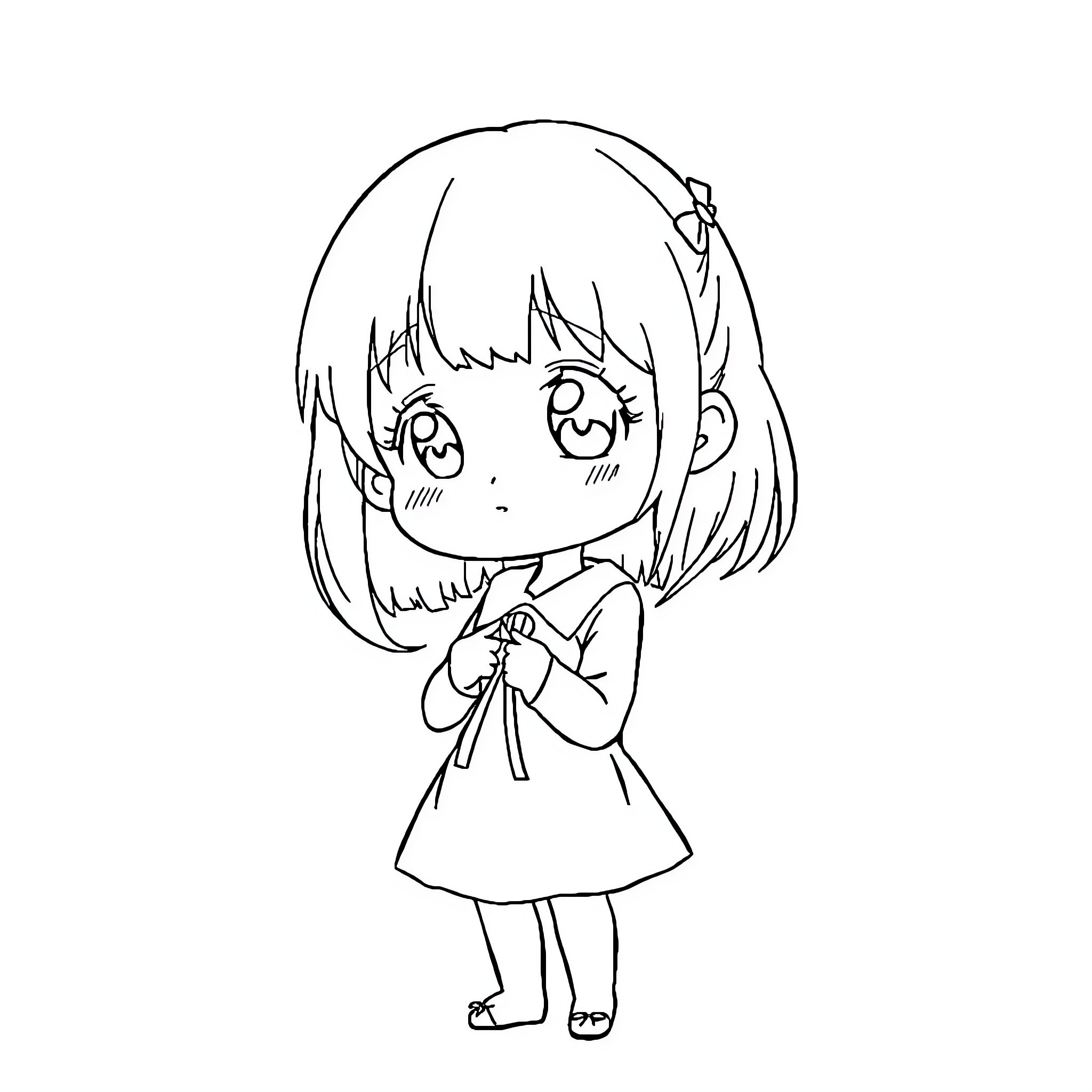Anime Girl in Casual Outfit with Shy Expression Coloring Page (free black-and-white line drawing printable PDF for all, from beginners to advanced learners, including children, teens, adults, and seniors)