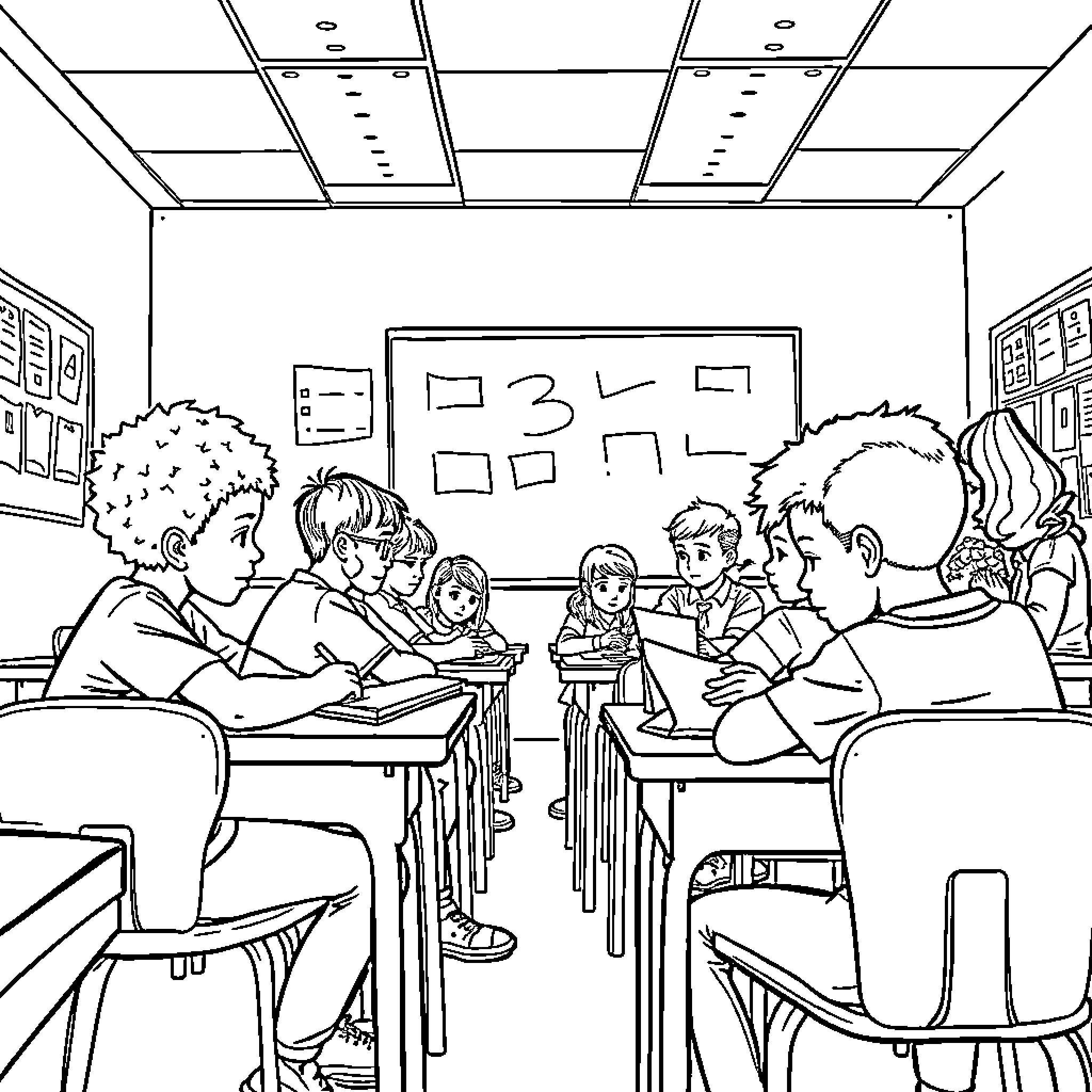 Students Studying and Discussing in Classroom Coloring Page (free black-and-white line drawing printable PDF for all, from beginners to advanced learners, including children, teens, adults, and seniors)