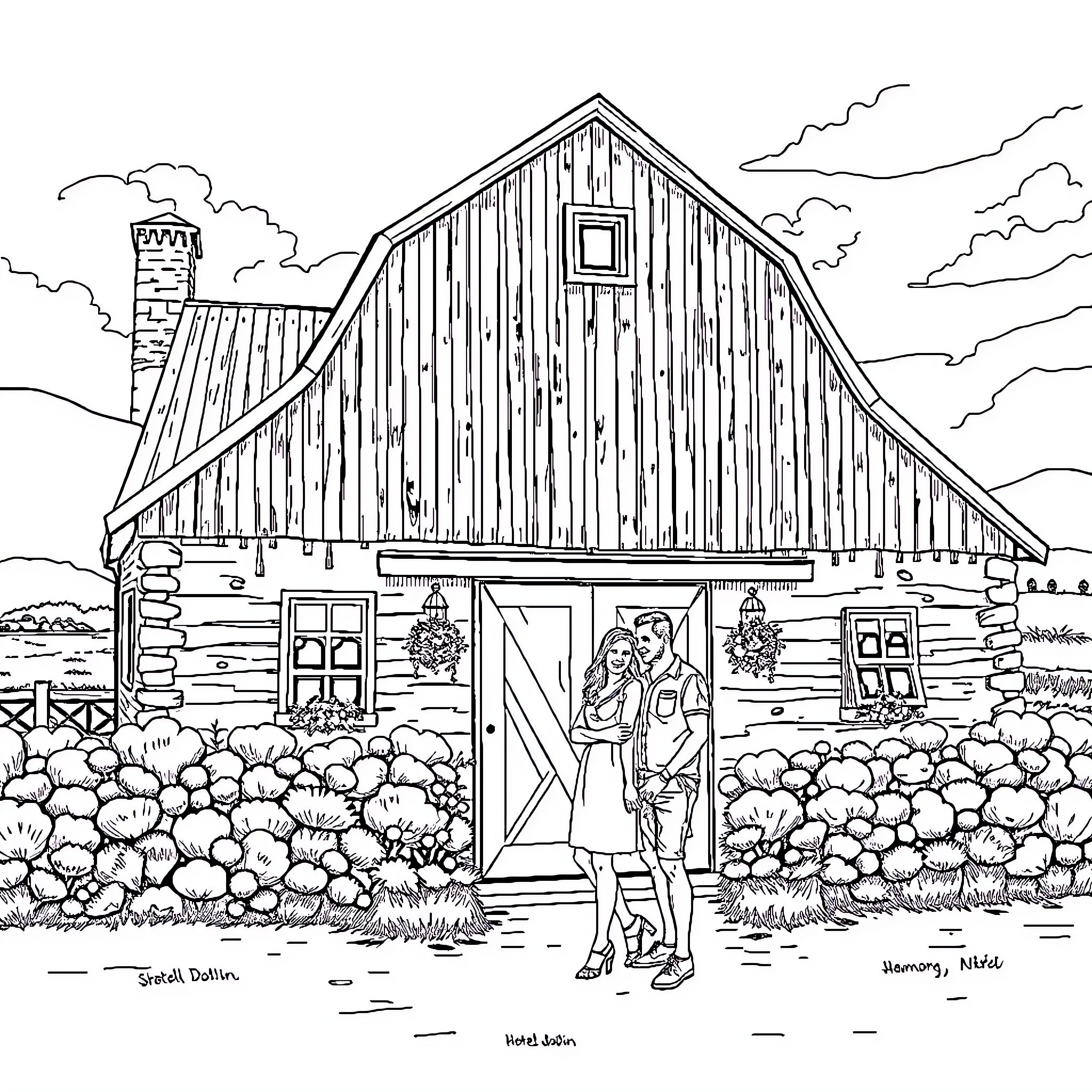 Hotel Couple Embracing Outside Rustic Barn Coloring Page (free black-and-white line drawing printable PDF for all, from beginners to advanced learners, including children, teens, adults, and seniors)
