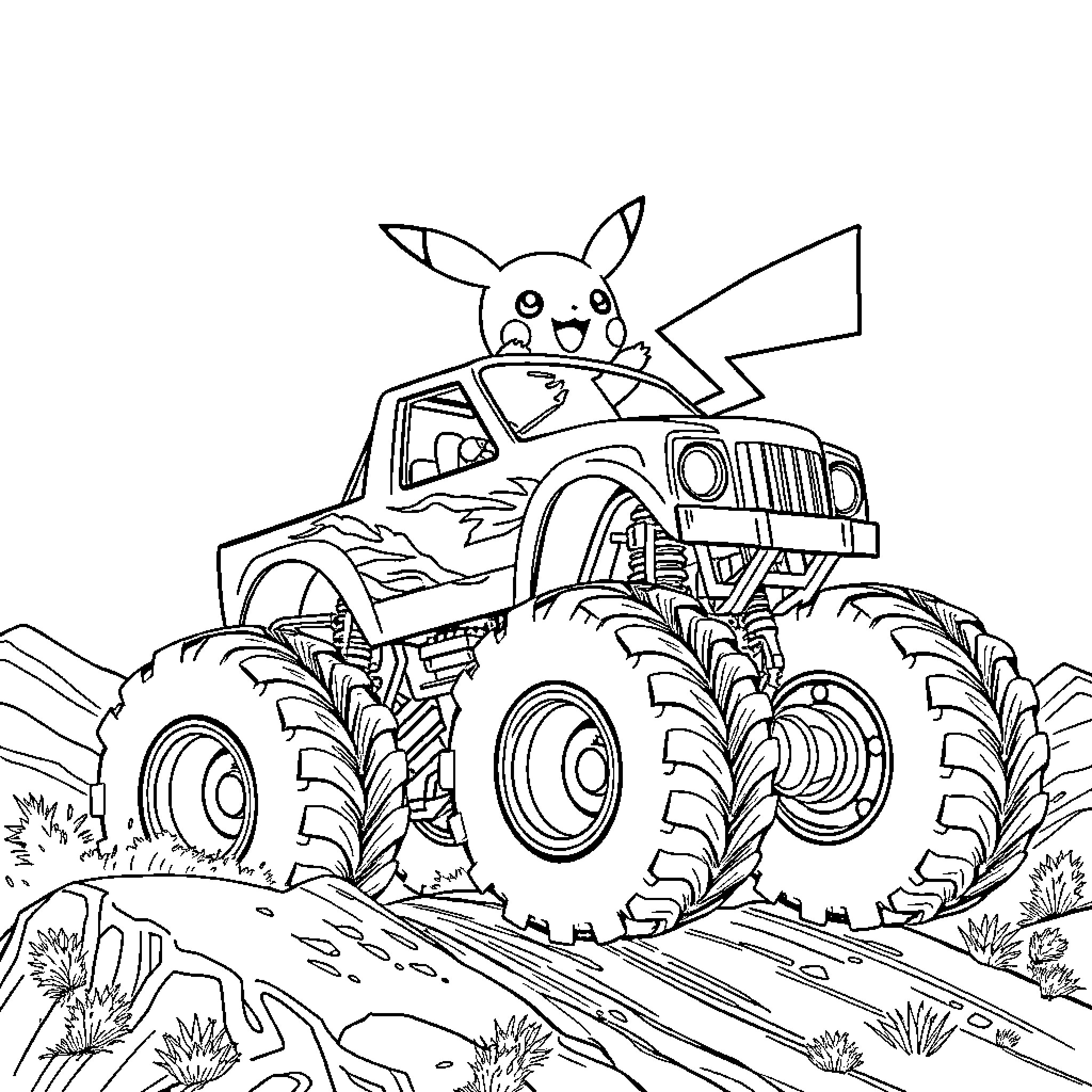 Pikachu riding a monster truck through the wilderness Coloring Page (free black-and-white line drawing printable PDF for all, from beginners to advanced learners, including children, teens, adults, and seniors)