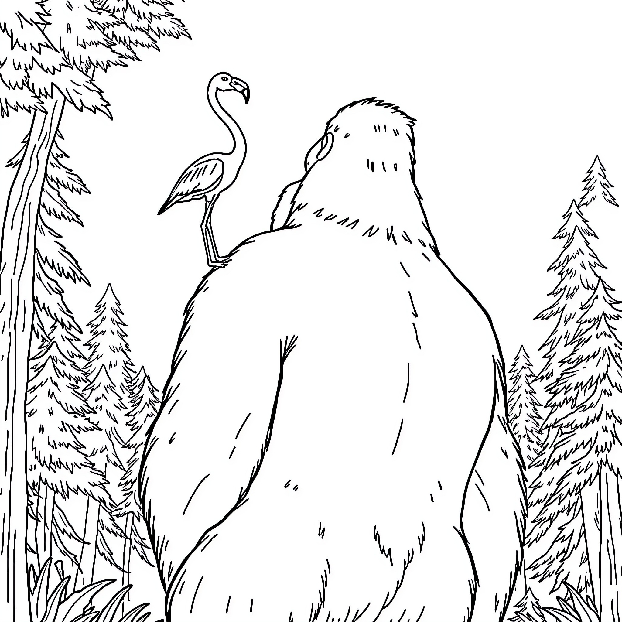 Flamingo and bird among pine trees Coloring Page (free black-and-white line drawing printable PDF for all, from beginners to advanced learners, including children, teens, adults, and seniors)