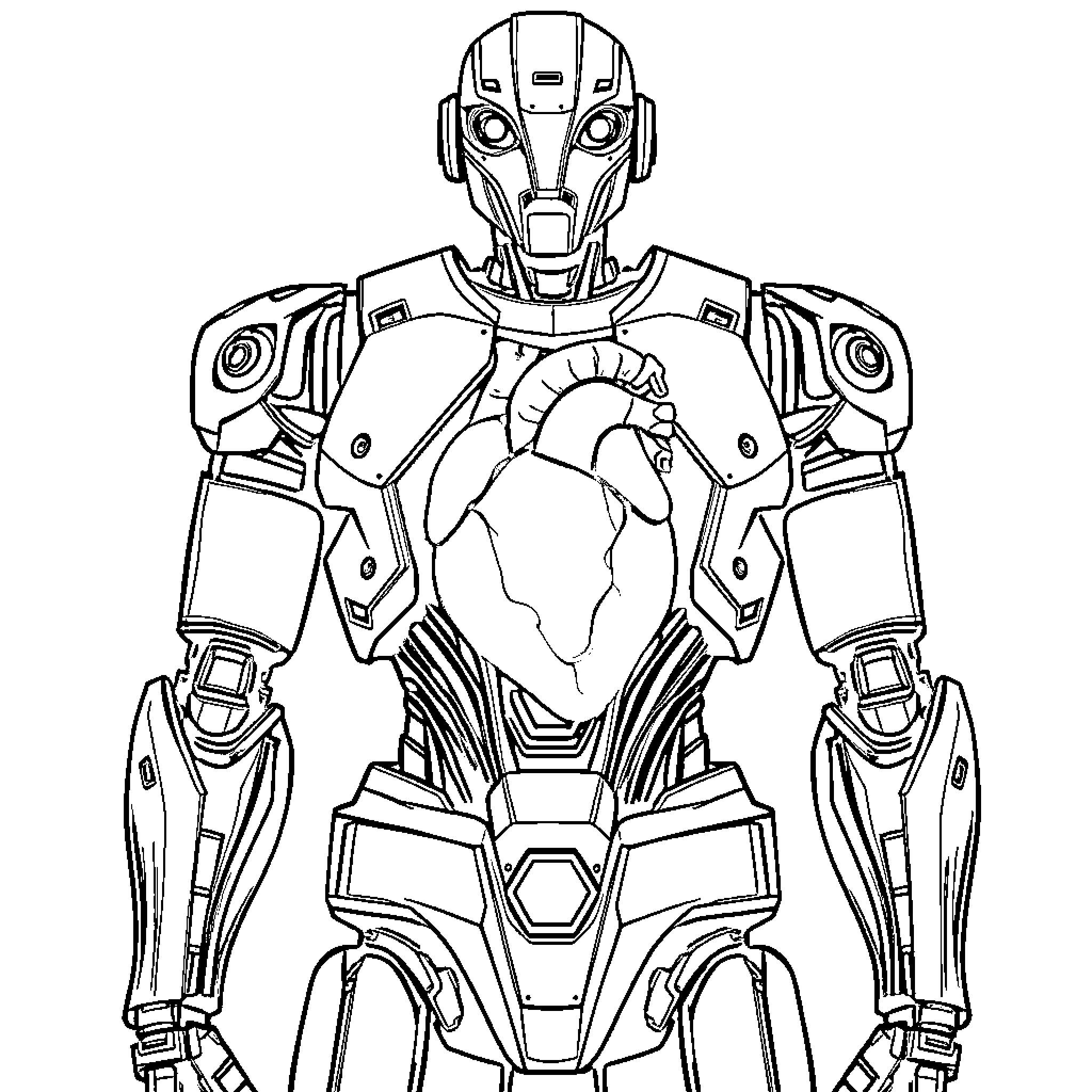 Robot displaying advanced mechanical heart Coloring Page (free black-and-white line drawing printable PDF for all, from beginners to advanced learners, including children, teens, adults, and seniors)