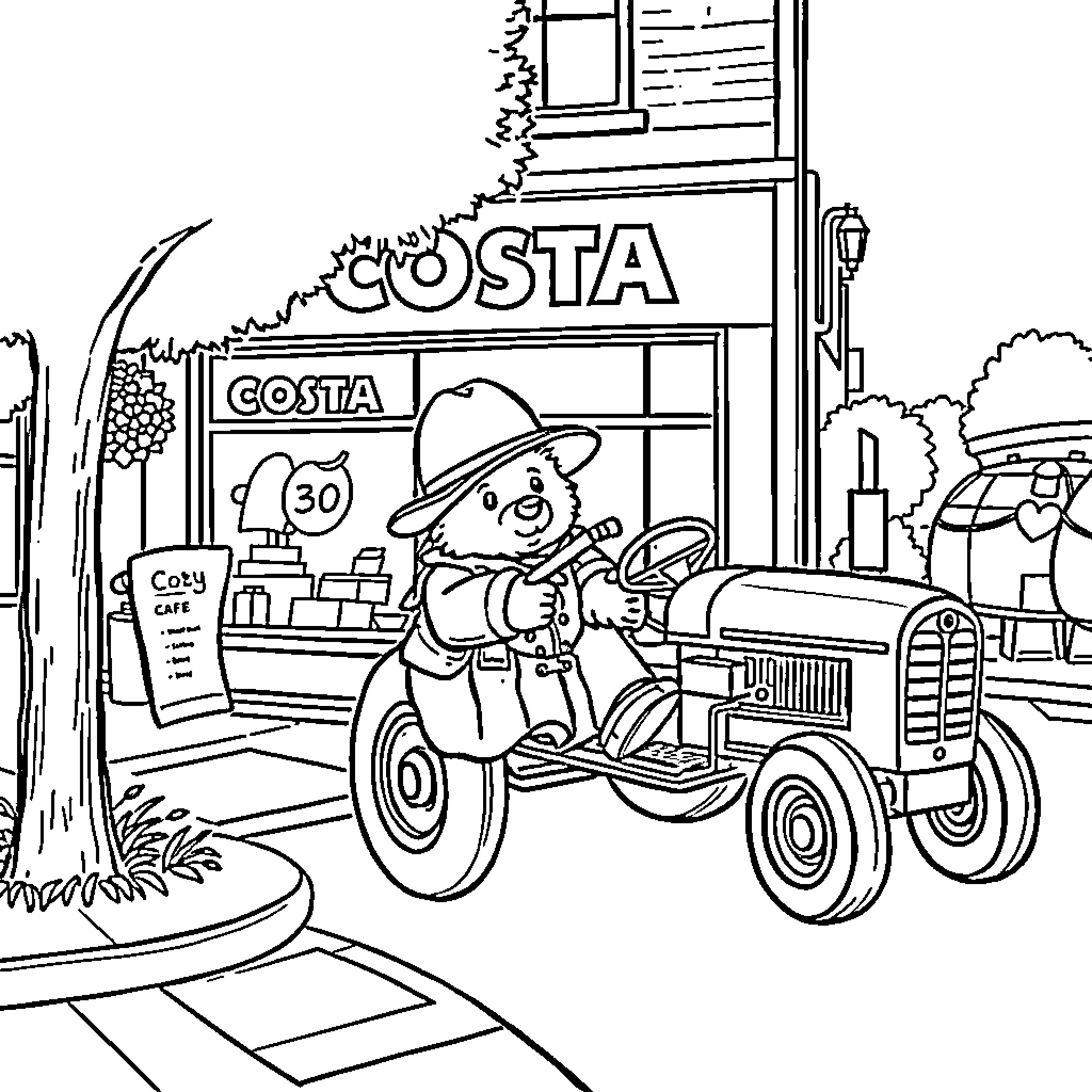 Paddington Bear driving a tractor near the Costa cafe Coloring Page (free black-and-white line drawing printable PDF for all, from beginners to advanced learners, including children, teens, adults, and seniors)