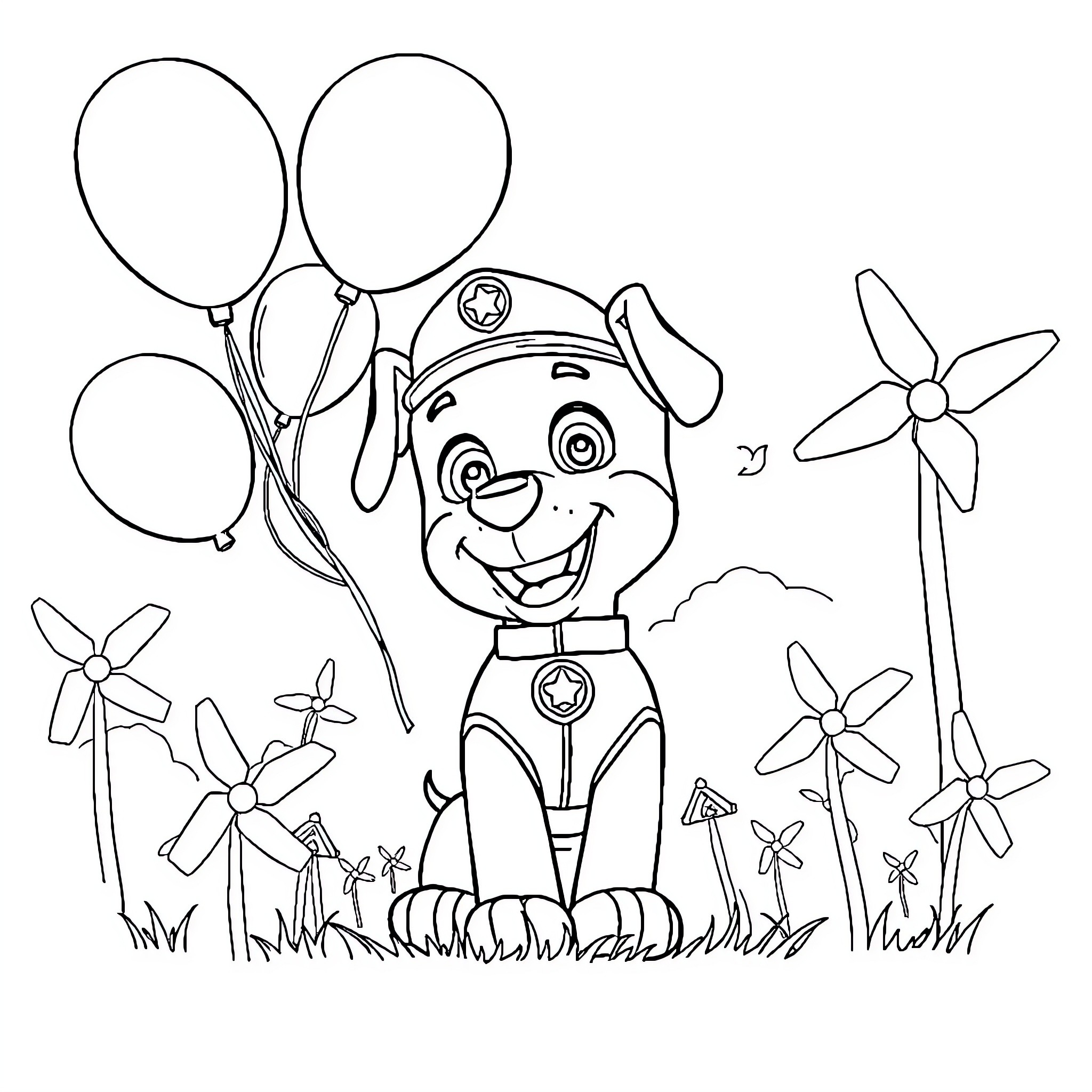 Marshall's Joyful Playtime with Balloons and Flowers Coloring Page (free black-and-white line drawing printable PDF for all, from beginners to advanced learners, including children, teens, adults, and seniors)