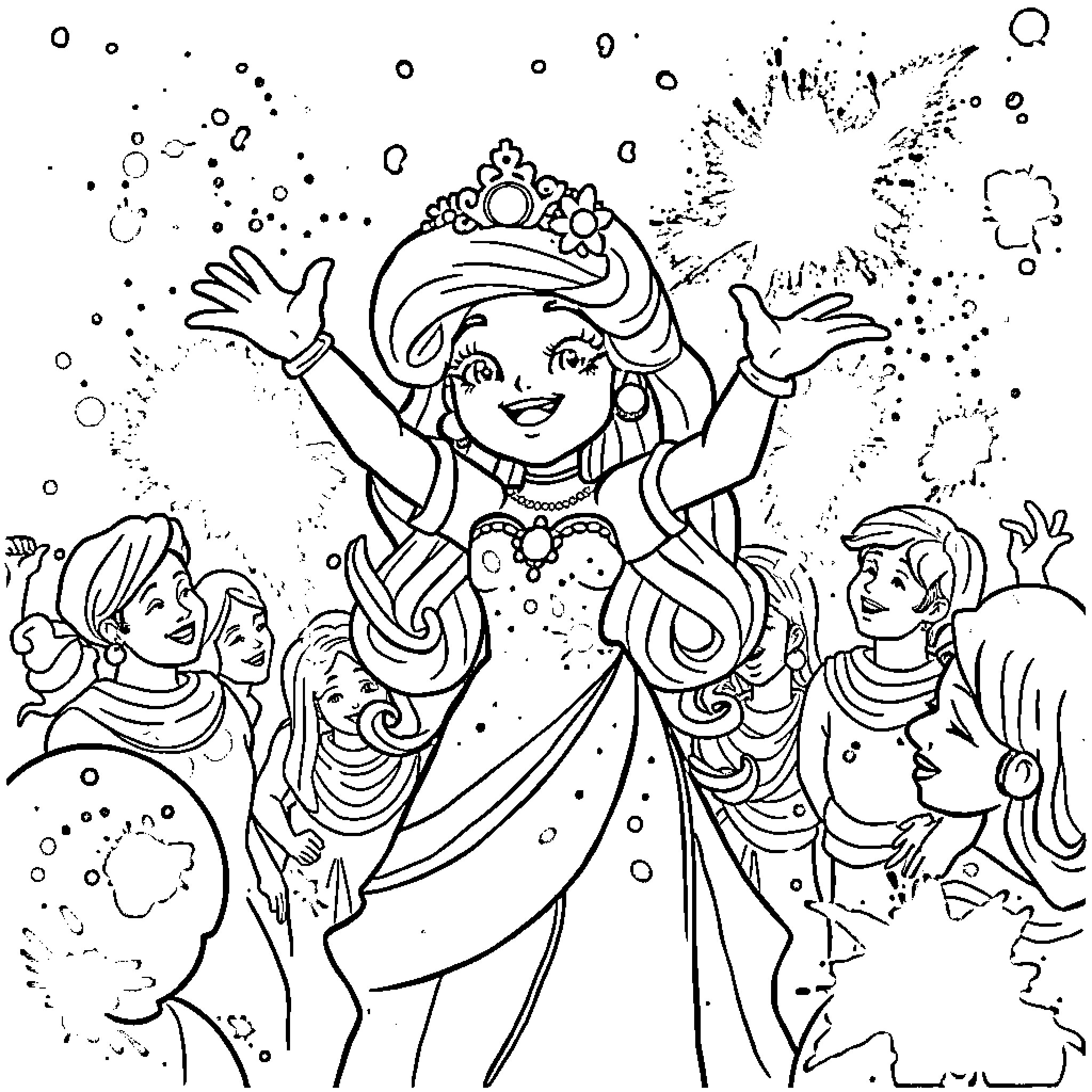 Princess Casting Magical Spell for Her Subjects Coloring Page (free black-and-white line drawing printable PDF for all, from beginners to advanced learners, including children, teens, adults, and seniors)