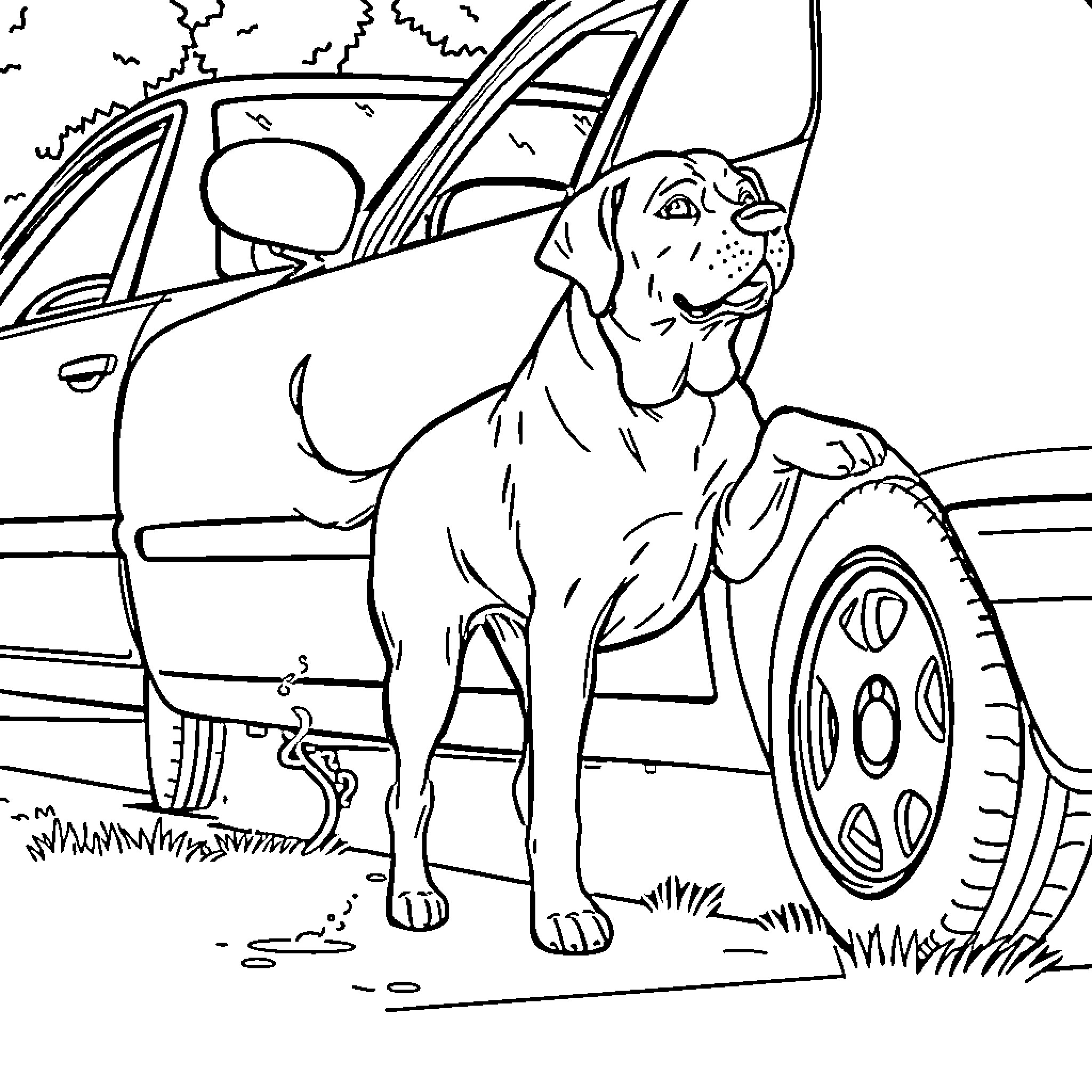 Dog standing proudly next to a car Coloring Page (free black-and-white line drawing printable PDF for all, from beginners to advanced learners, including children, teens, adults, and seniors)