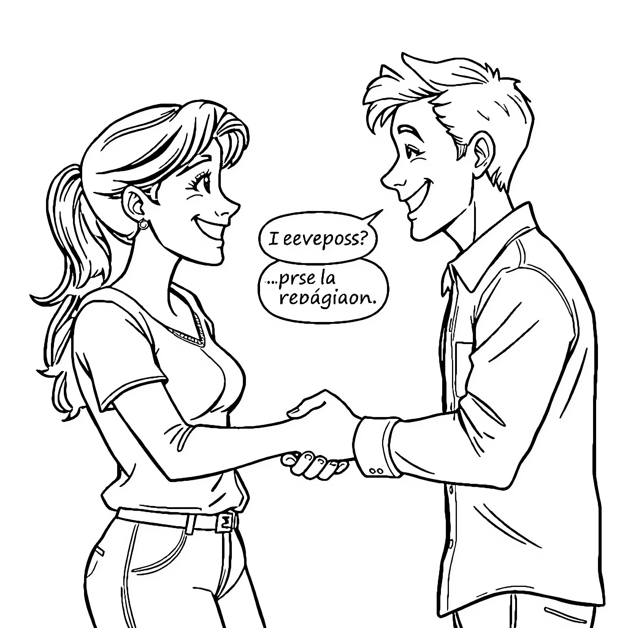 Greeting between smiling individuals in conversation Coloring Page (free black-and-white line drawing printable PDF for all, from beginners to advanced learners, including children, teens, adults, and seniors)