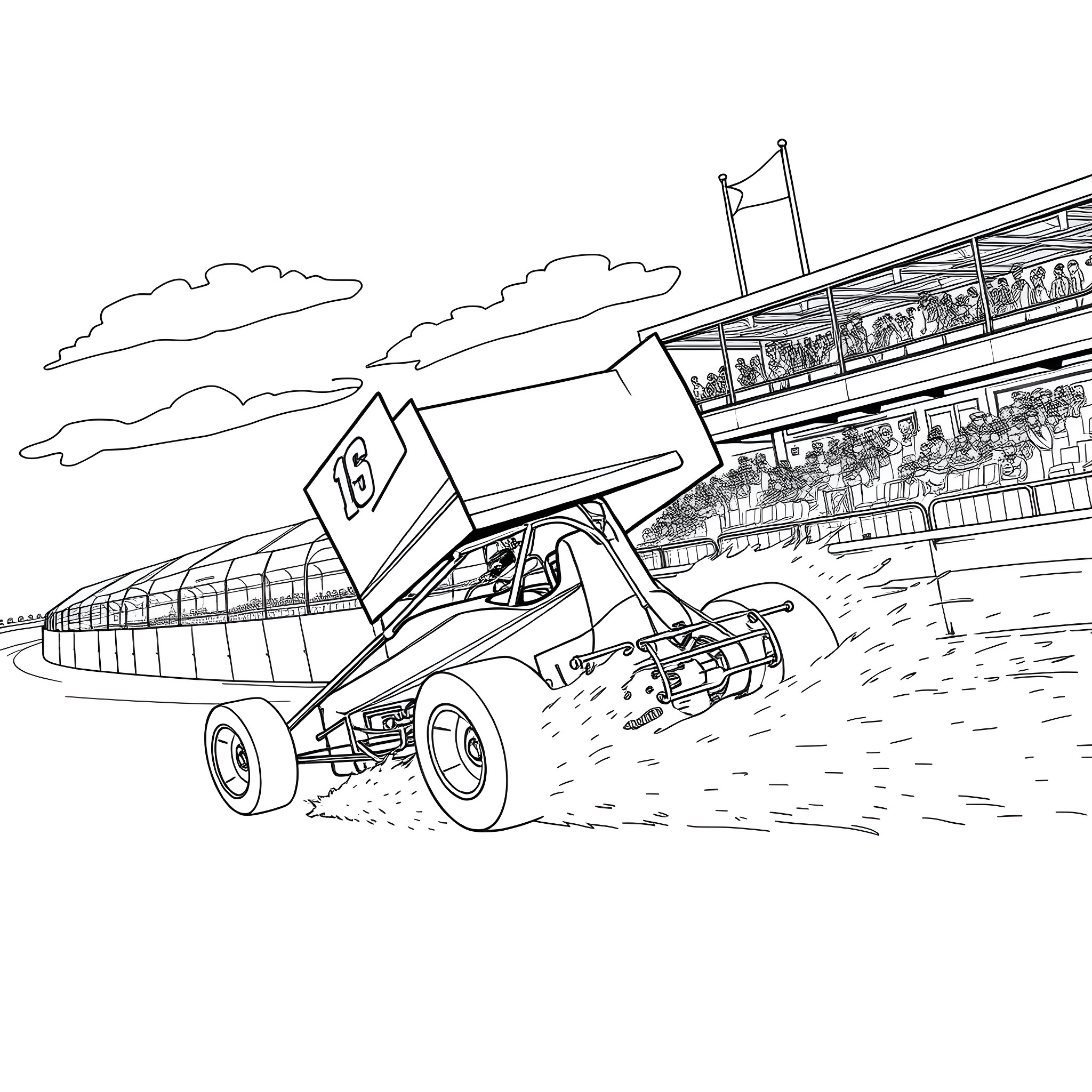 Sprint Car Speeding on the Racetrack Coloring Page (free black-and-white line drawing printable PDF for all, from beginners to advanced learners, including children, teens, adults, and seniors)