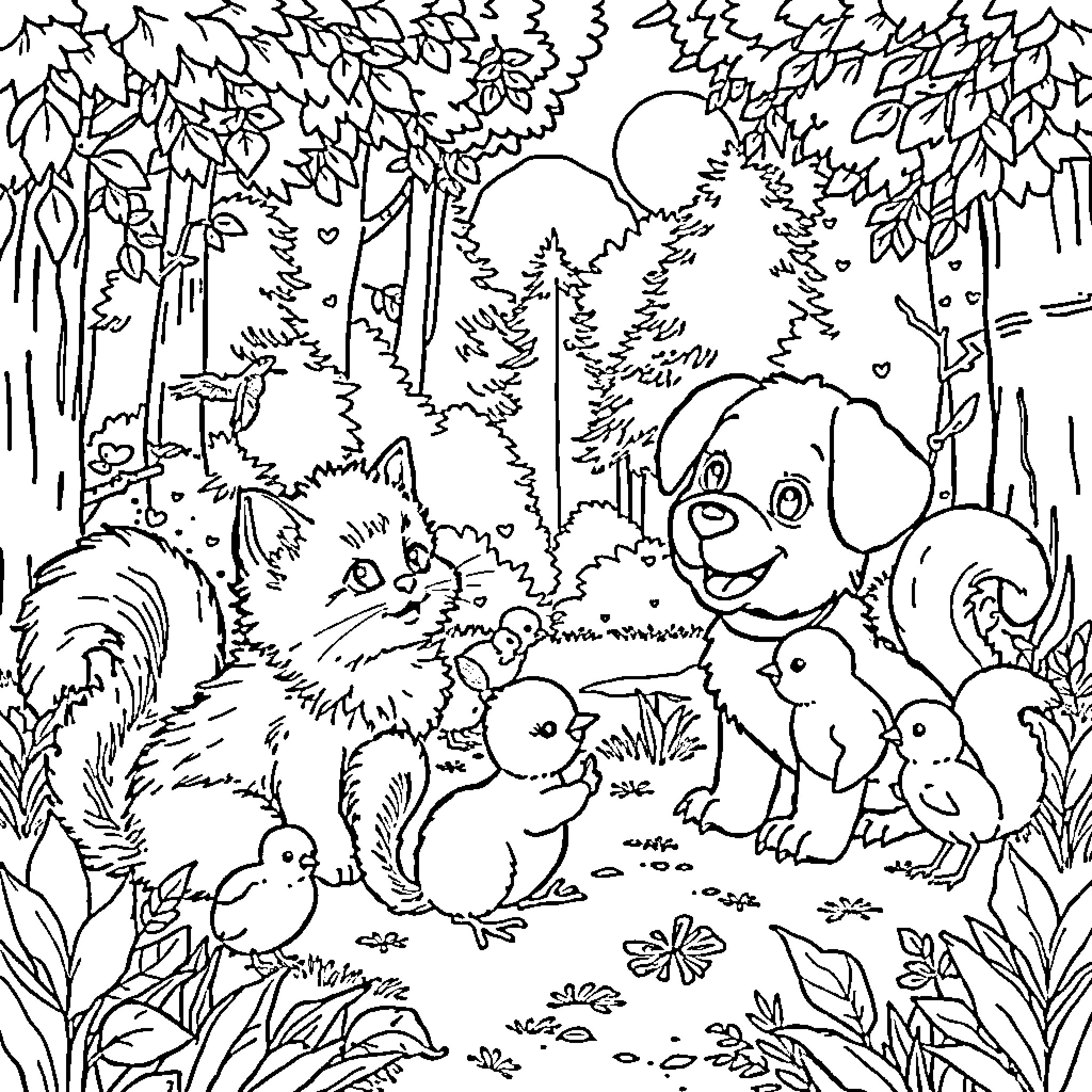 Kitten and Woodland Creatures in Scenic Forest Coloring Page (free black-and-white line drawing printable PDF for all, from beginners to advanced learners, including children, teens, adults, and seniors)