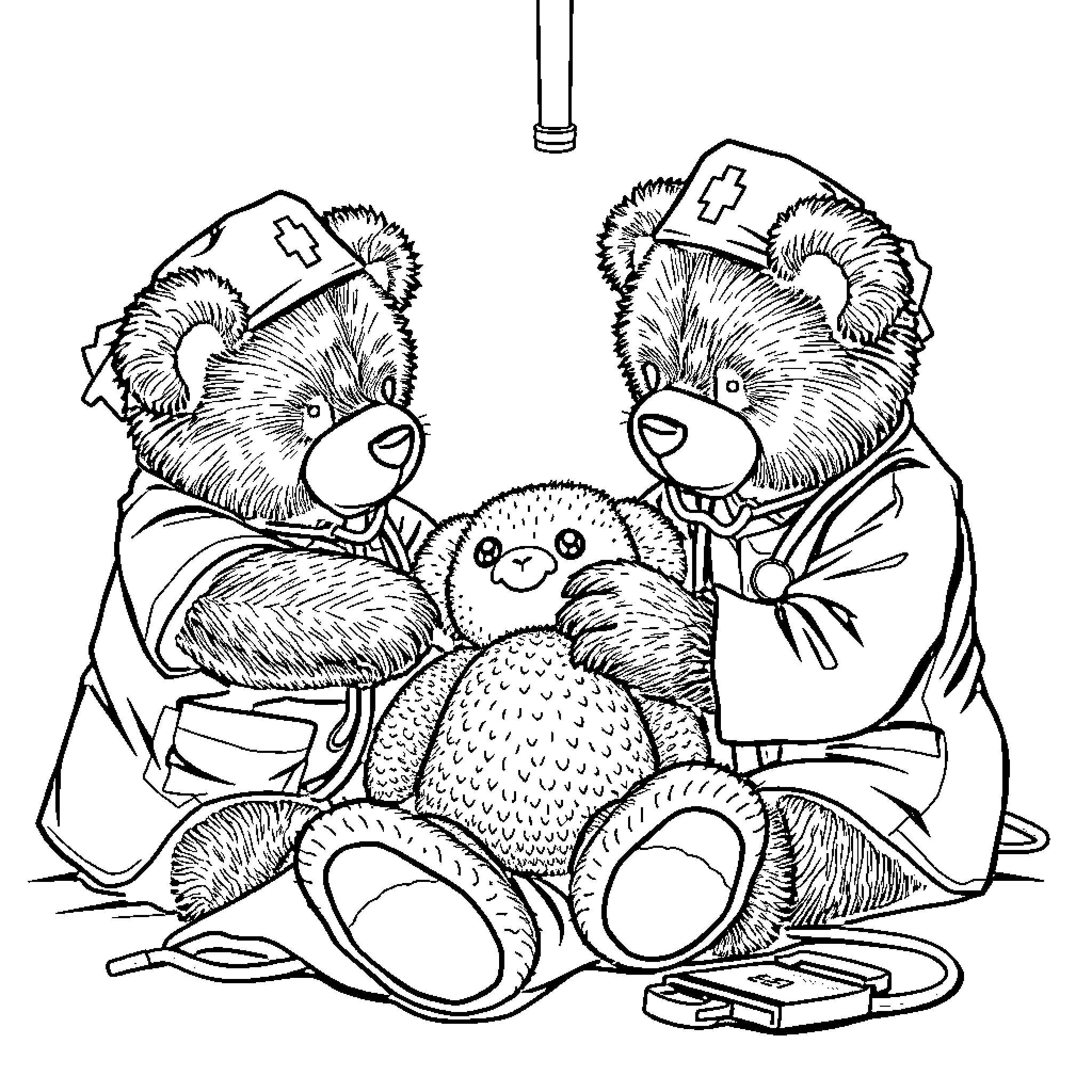 Teddy Bears as Nurses Caring for a Patient Coloring Page (free black-and-white line drawing printable PDF for all, from beginners to advanced learners, including children, teens, adults, and seniors)