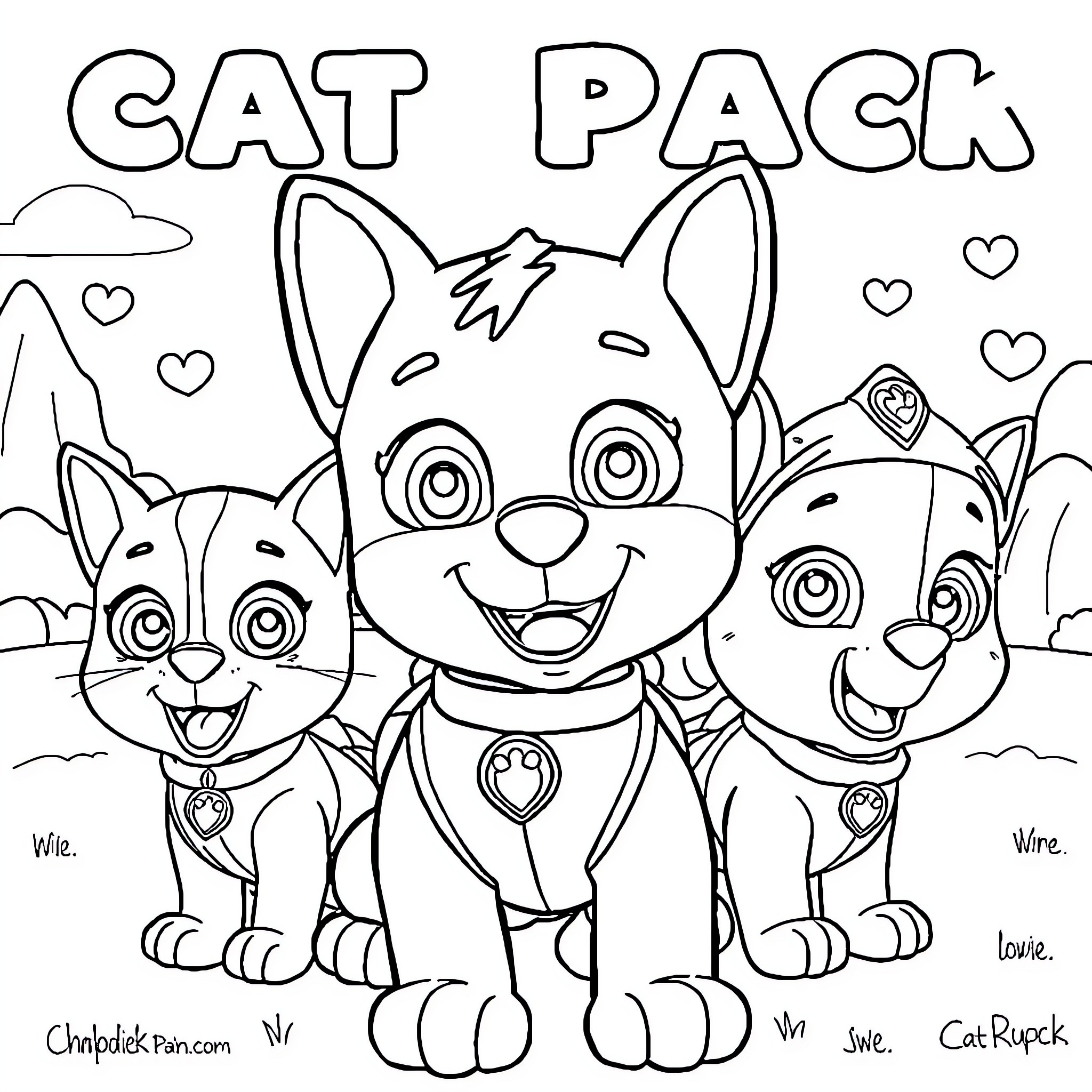 Paw Patrol Cute Cartoon Cats Posing Together Coloring Page (free black-and-white line drawing printable PDF for all, from beginners to advanced learners, including children, teens, adults, and seniors)