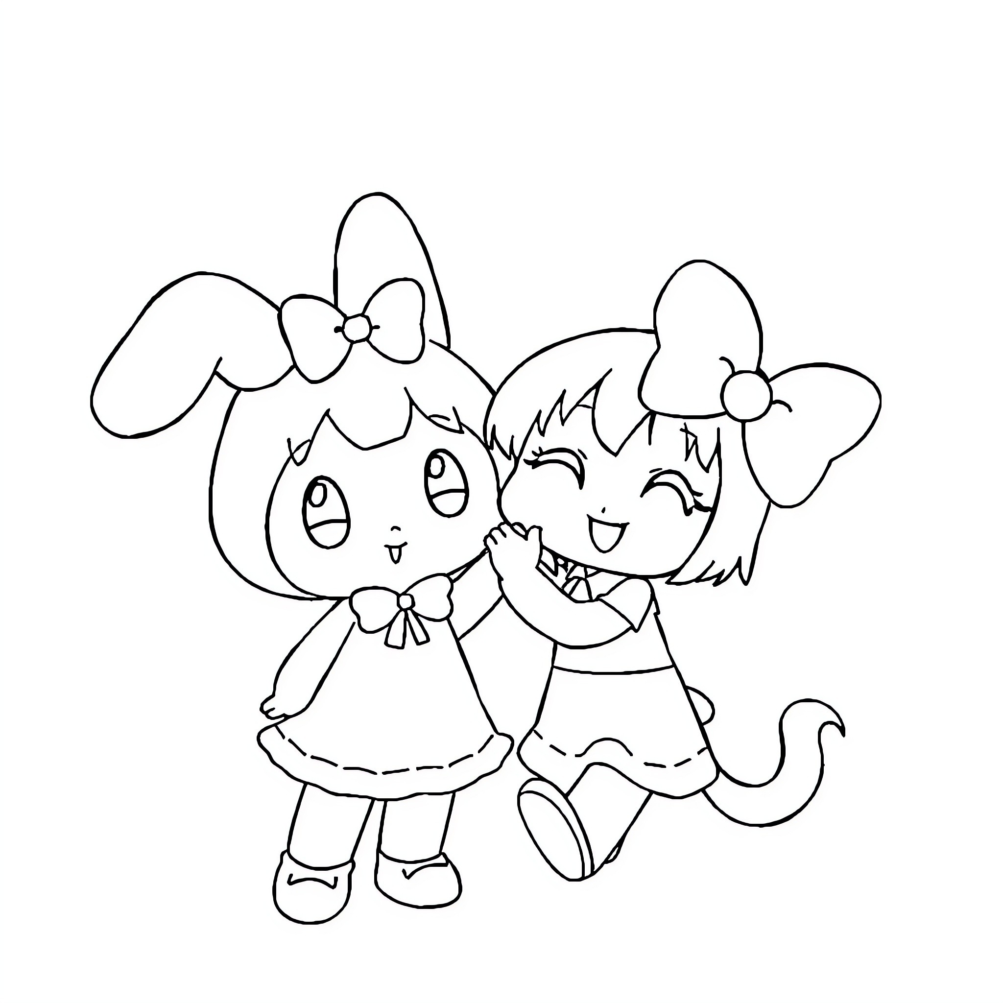 My Melody Playful Friends in Dresses Coloring Page (free black-and-white line drawing printable PDF for all, from beginners to advanced learners, including children, teens, adults, and seniors)