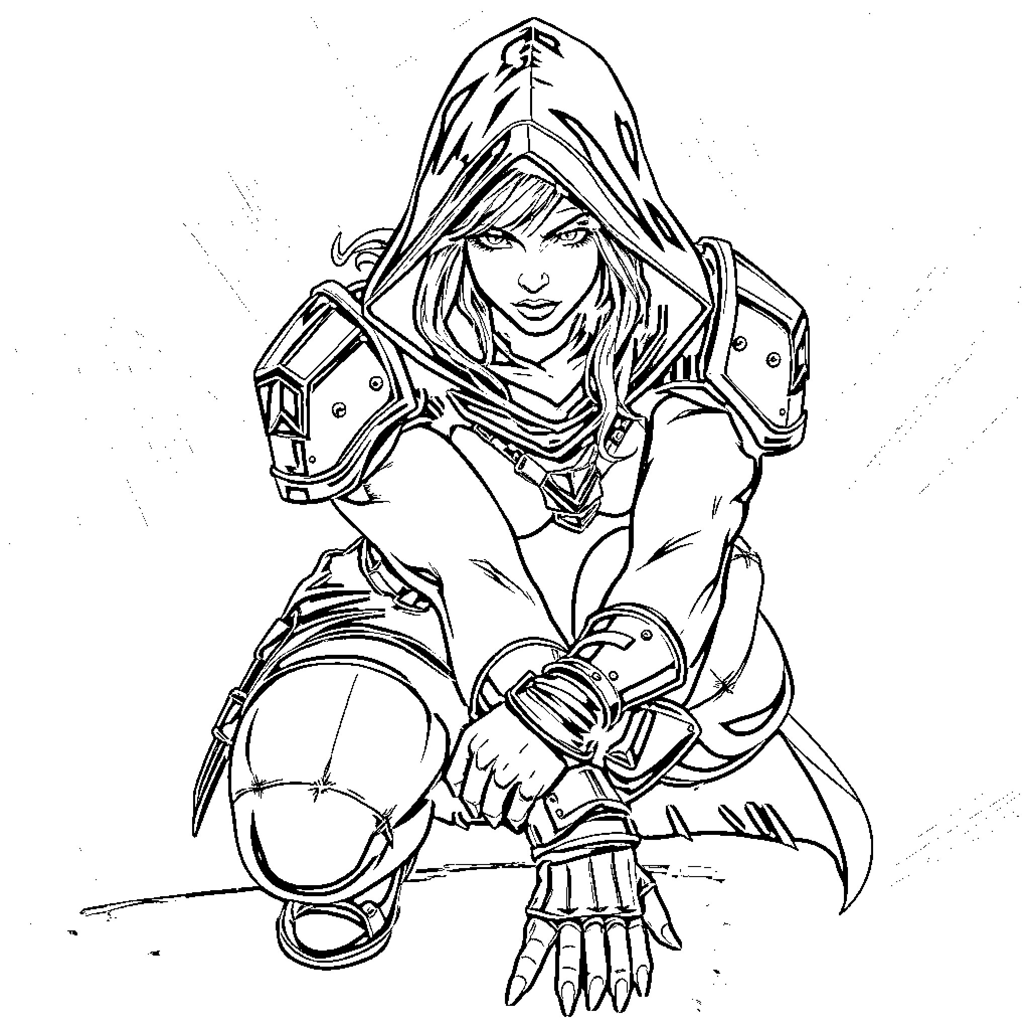 Assassin wielding deadly weapons in action Coloring Page (free black-and-white line drawing printable PDF for all, from beginners to advanced learners, including children, teens, adults, and seniors)
