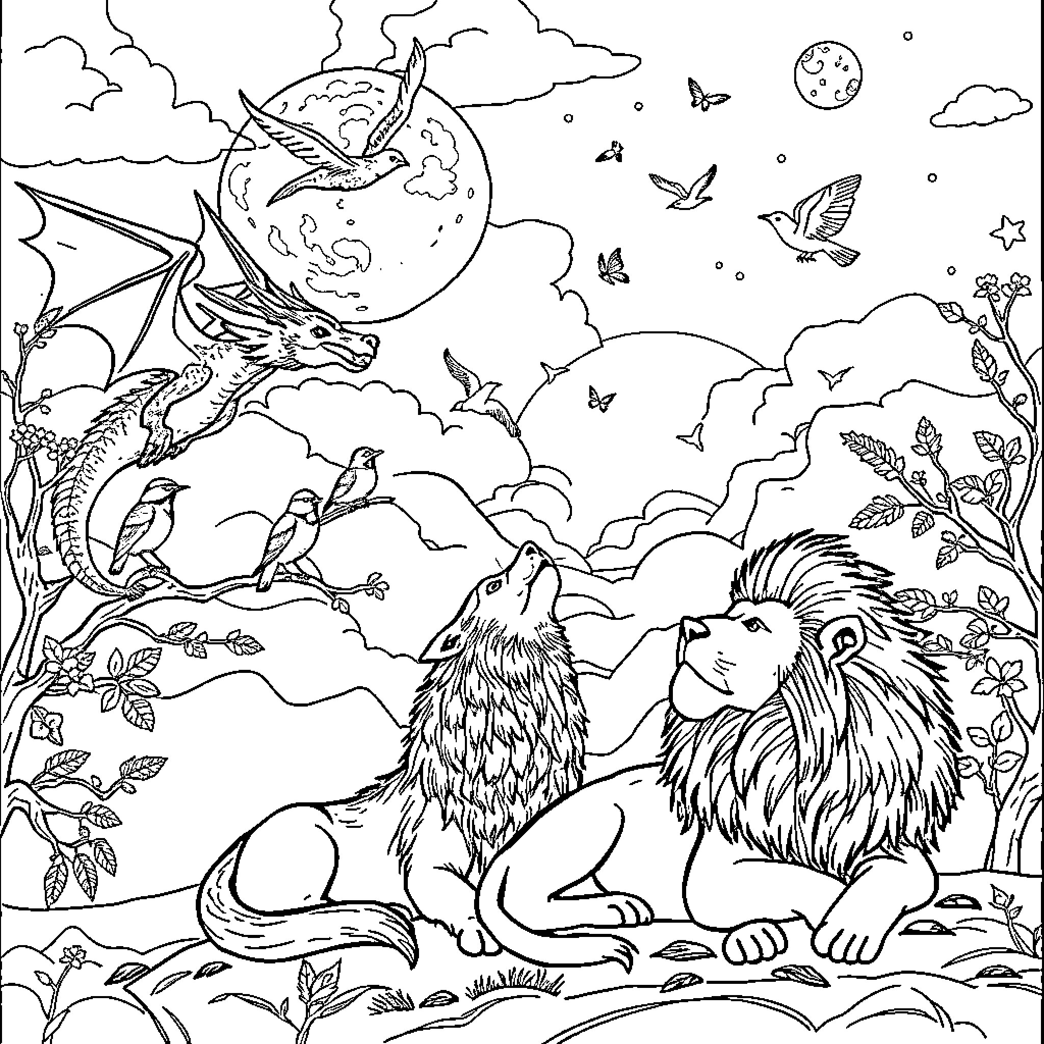 Dragon-inspired fantasy landscape with animals and nature Coloring Page (free black-and-white line drawing printable PDF for all, from beginners to advanced learners, including children, teens, adults, and seniors)