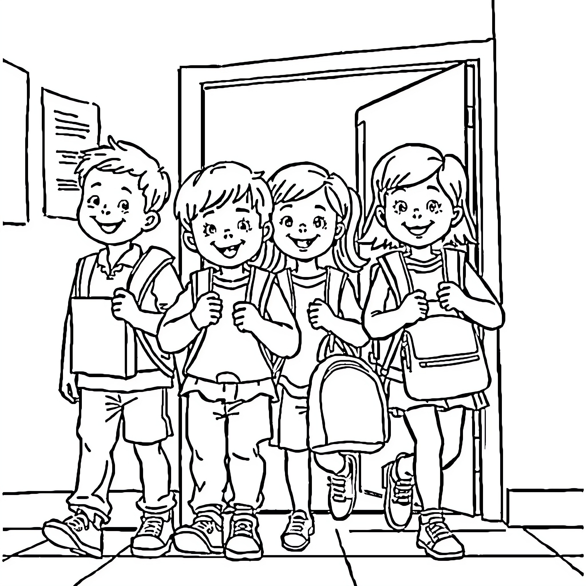 Child Students Happily Entering Classroom Coloring Page (free black-and-white line drawing printable PDF for all, from beginners to advanced learners, including children, teens, adults, and seniors)