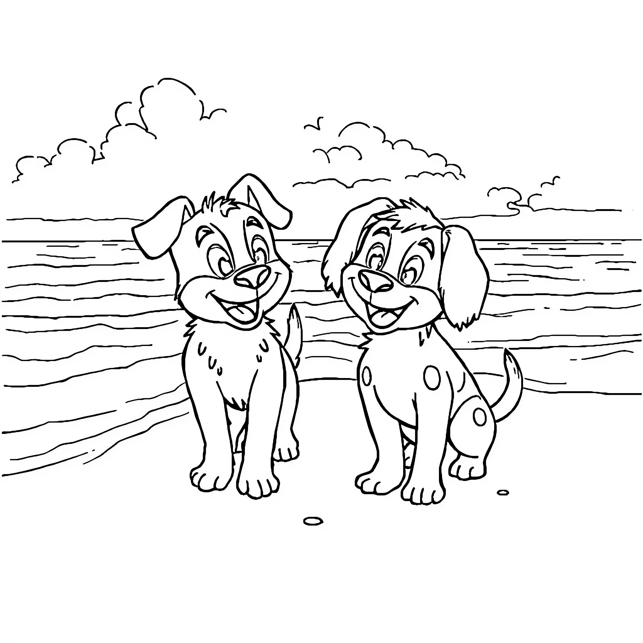 Bluey's Beach Adventure with Puppy Pals Coloring Page (free black-and-white line drawing printable PDF for all, from beginners to advanced learners, including children, teens, adults, and seniors)