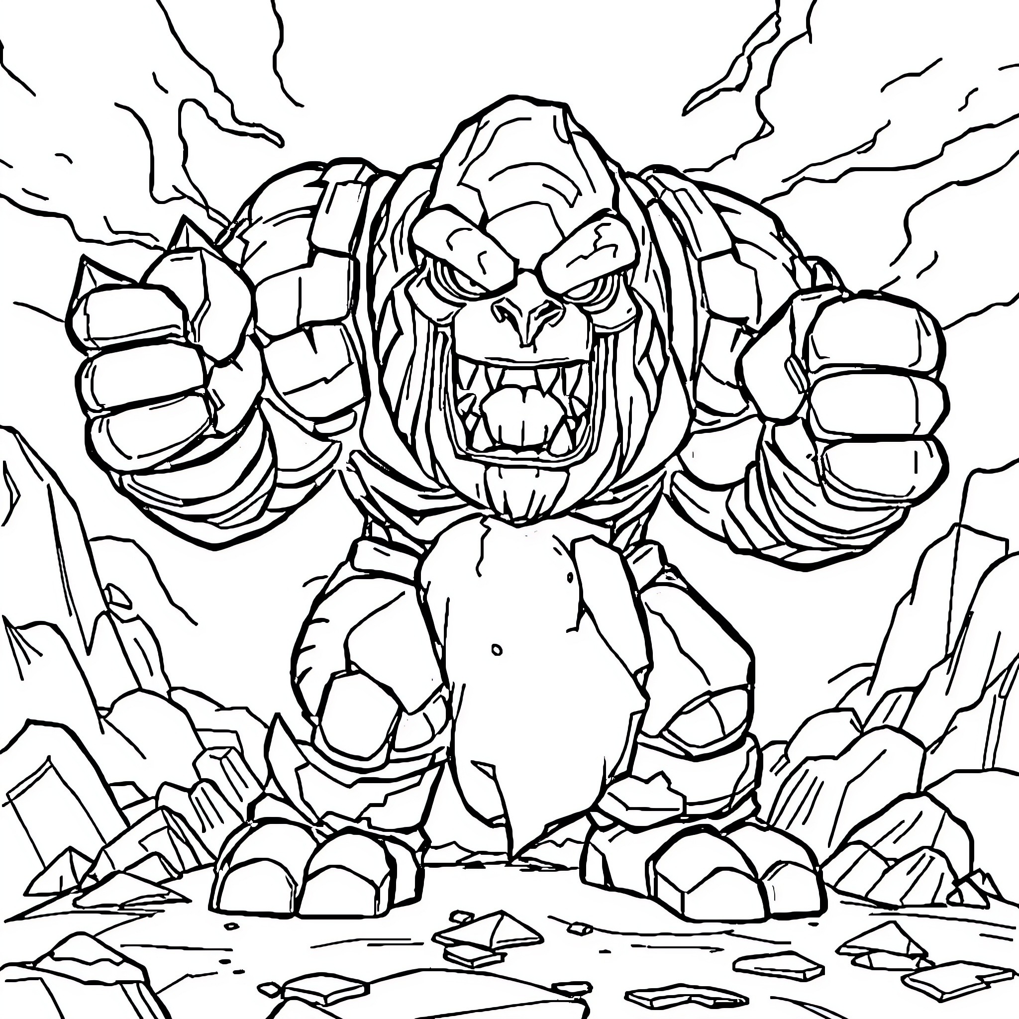 Golem Warrior Emerging from Rubble with Fists Raised Coloring Page (free black-and-white line drawing printable PDF for all, from beginners to advanced learners, including children, teens, adults, and seniors)