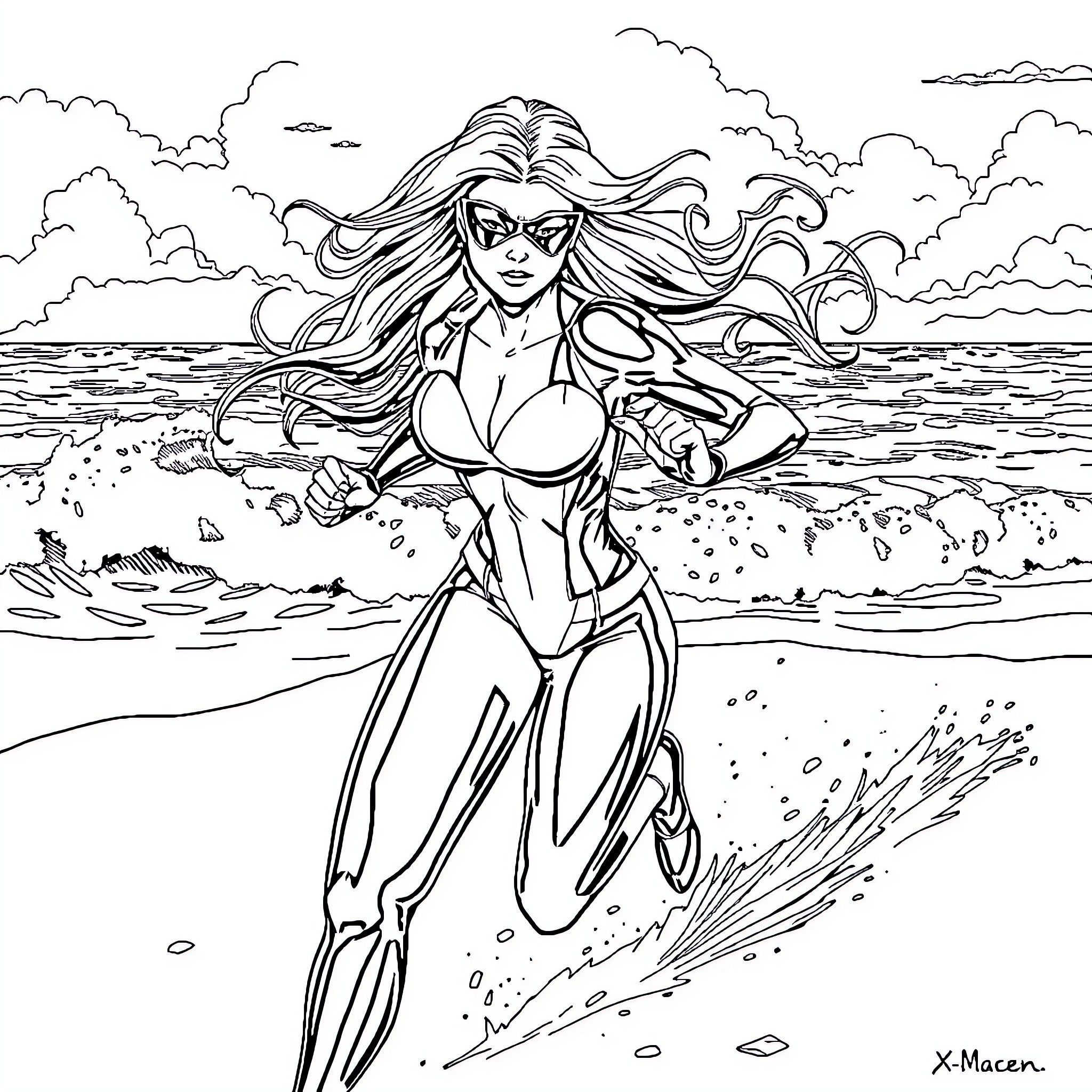 Rogue speedster racing against the waves Coloring Page (free black-and-white line drawing printable PDF for all, from beginners to advanced learners, including children, teens, adults, and seniors)