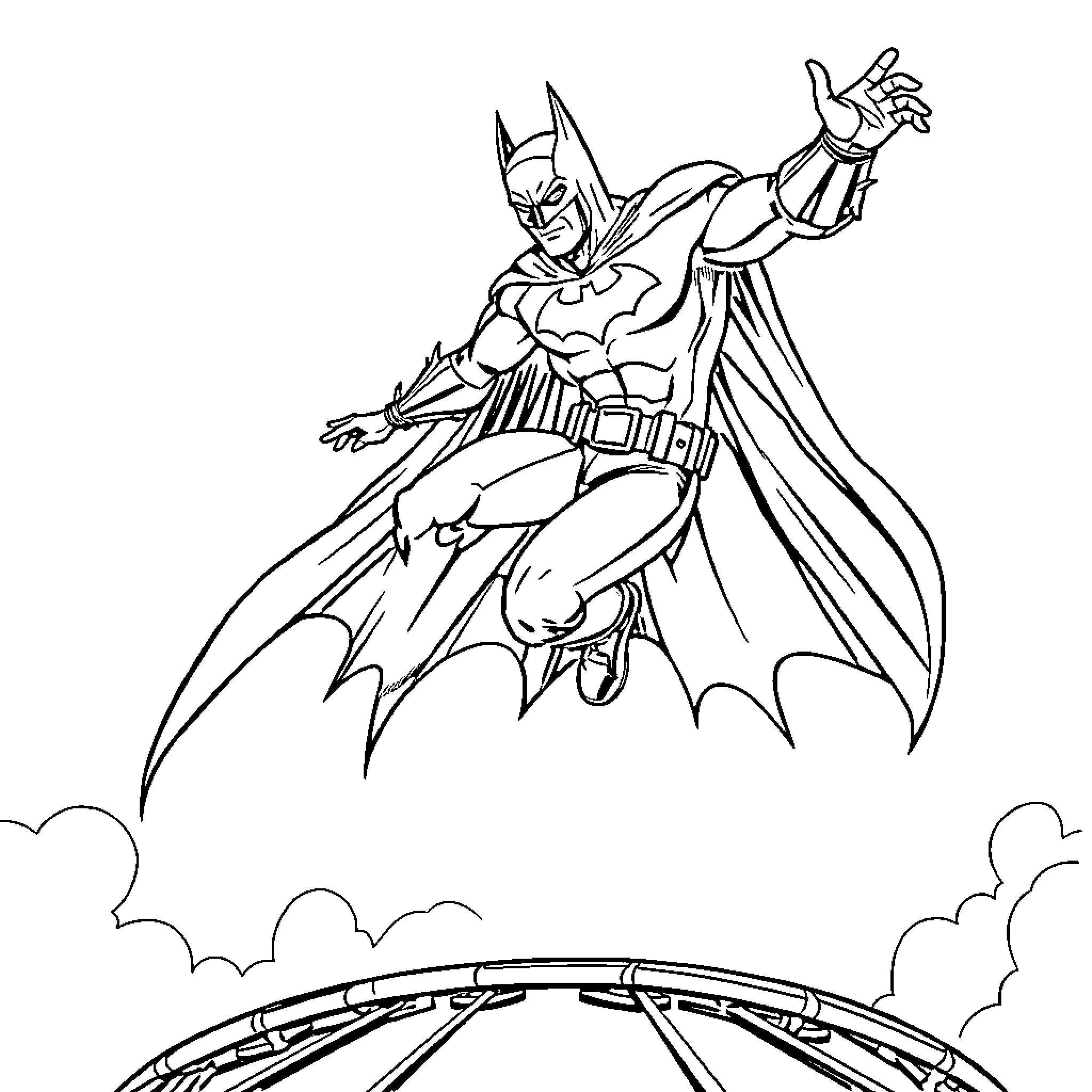 Batman heroically soaring over the city Coloring Page (free black-and-white line drawing printable PDF for all, from beginners to advanced learners, including children, teens, adults, and seniors)