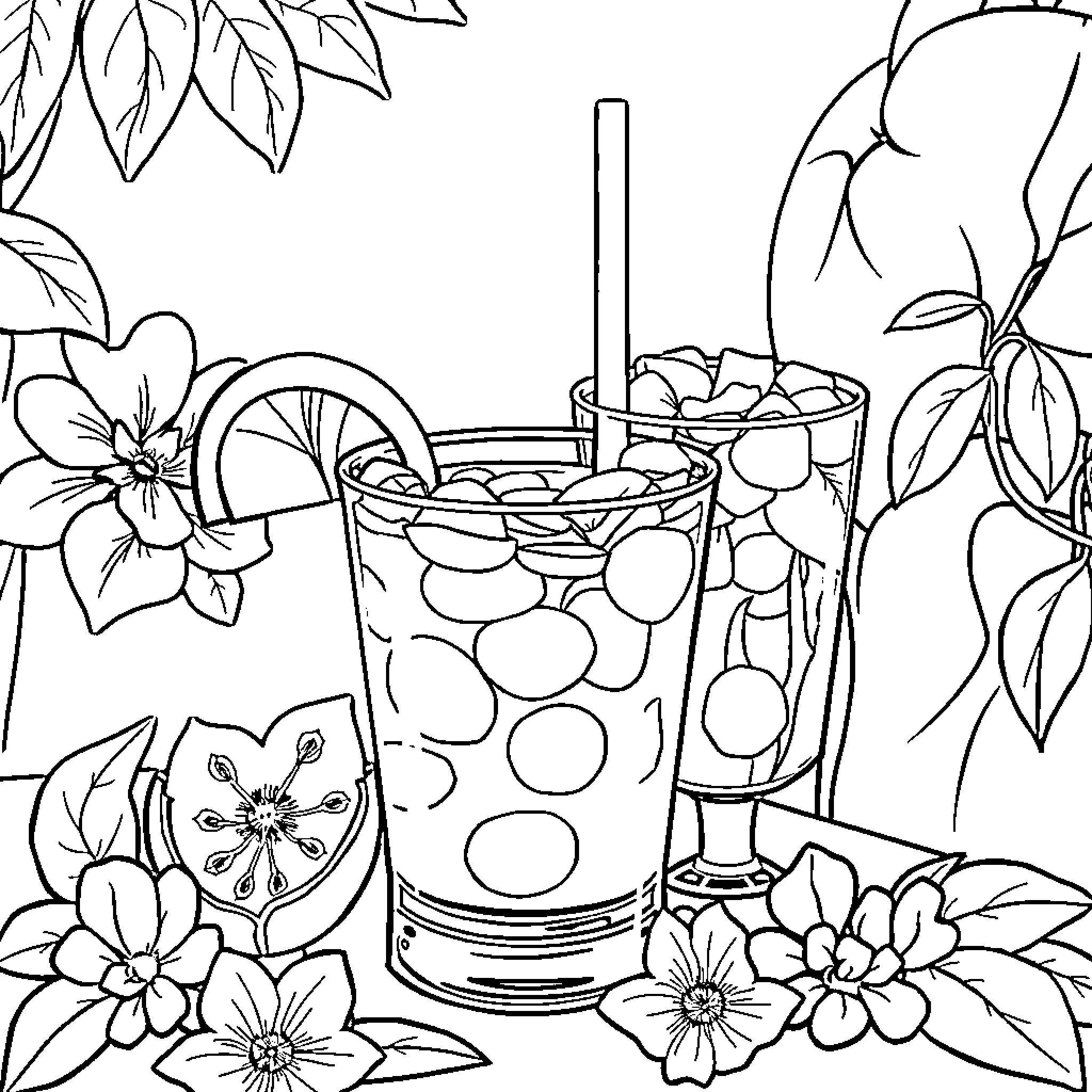 Salad Drinks with Floral Decor Coloring Page (free black-and-white line drawing printable PDF for all, from beginners to advanced learners, including children, teens, adults, and seniors)