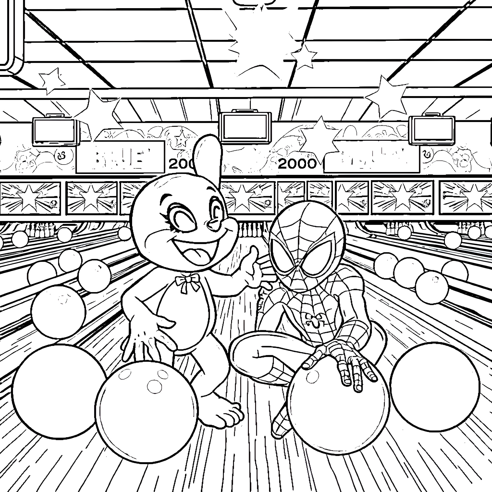 Bluey and Spider-Man at the Bowling Alley Coloring Page (free black-and-white line drawing printable PDF for all, from beginners to advanced learners, including children, teens, adults, and seniors)