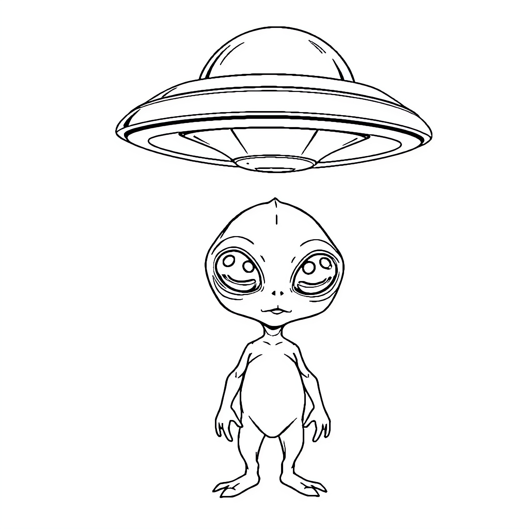 Alien spacecraft and extraterrestrial creature Coloring Page (free black-and-white line drawing printable PDF for all, from beginners to advanced learners, including children, teens, adults, and seniors)